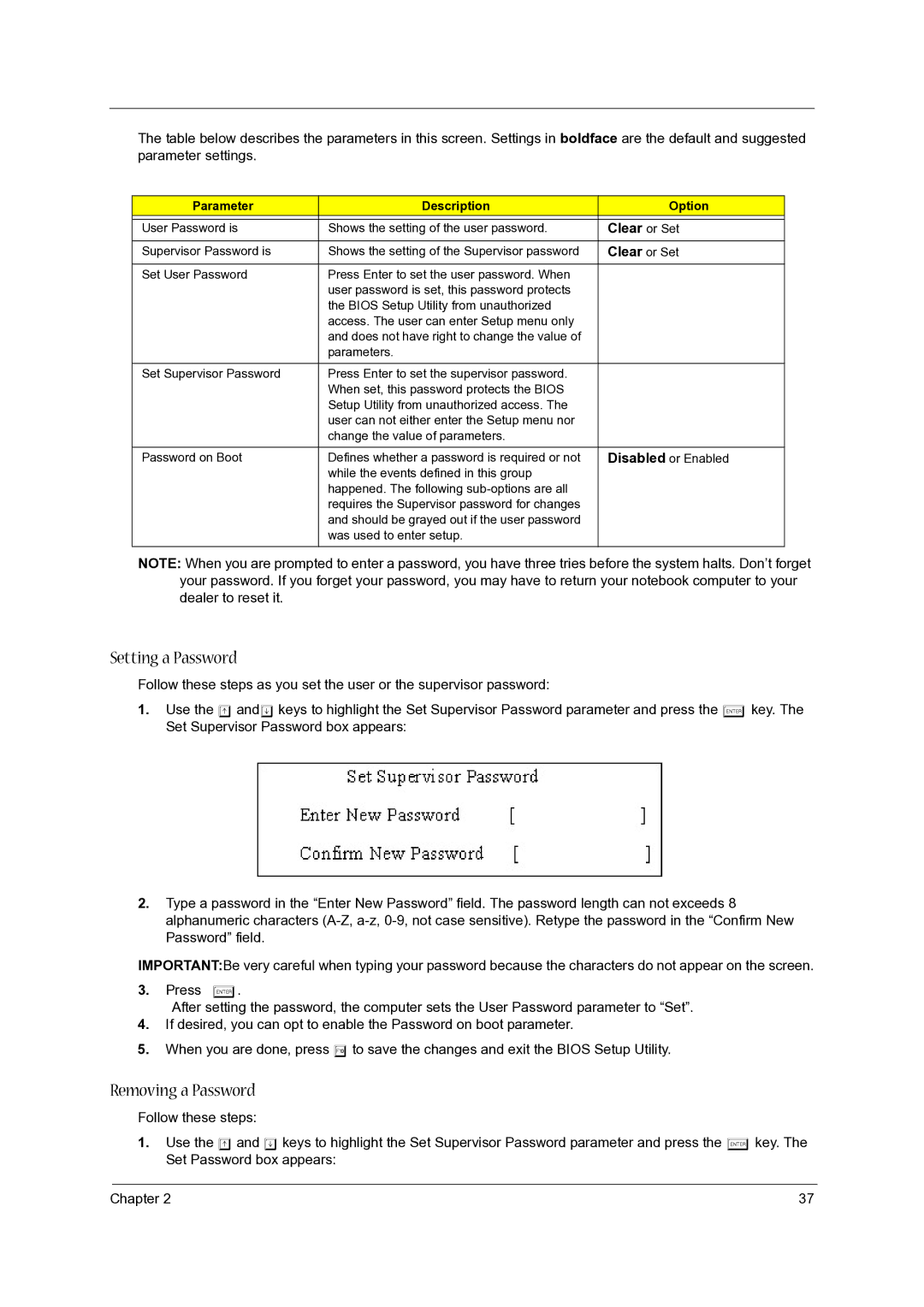 Acer 5020 manual Clear or Set, Parameter Description Option 