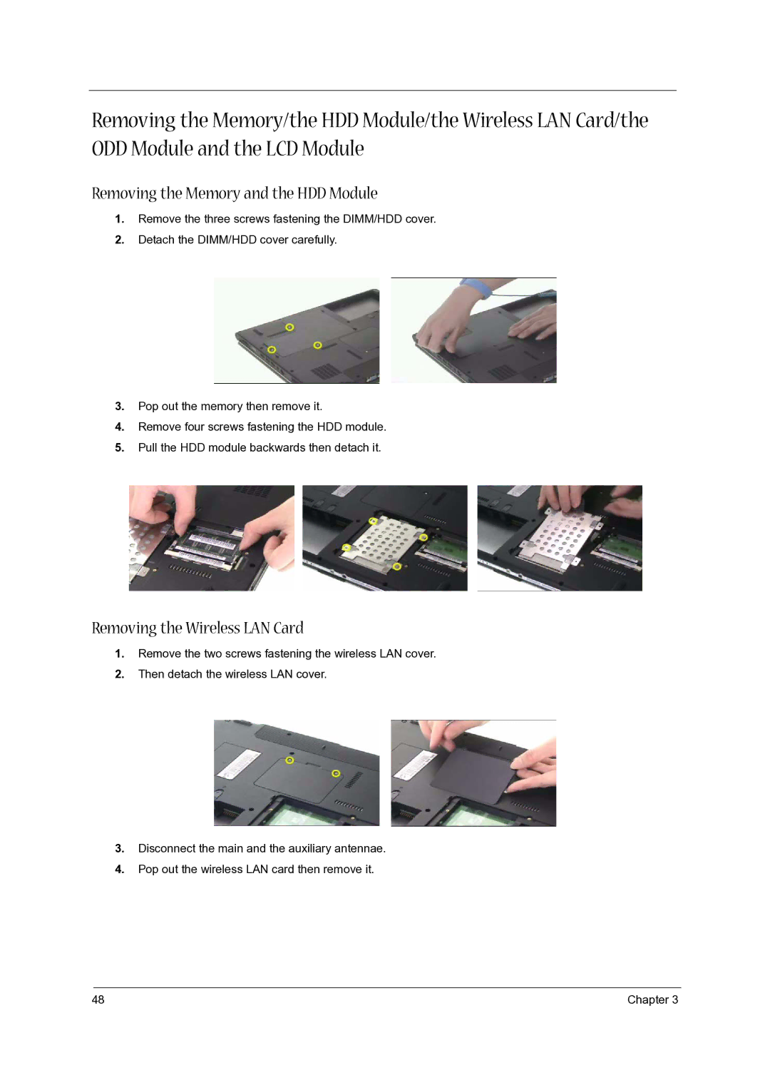 Acer 5020 manual Removing the Memory and the HDD Module, Removing the Wireless LAN Card 