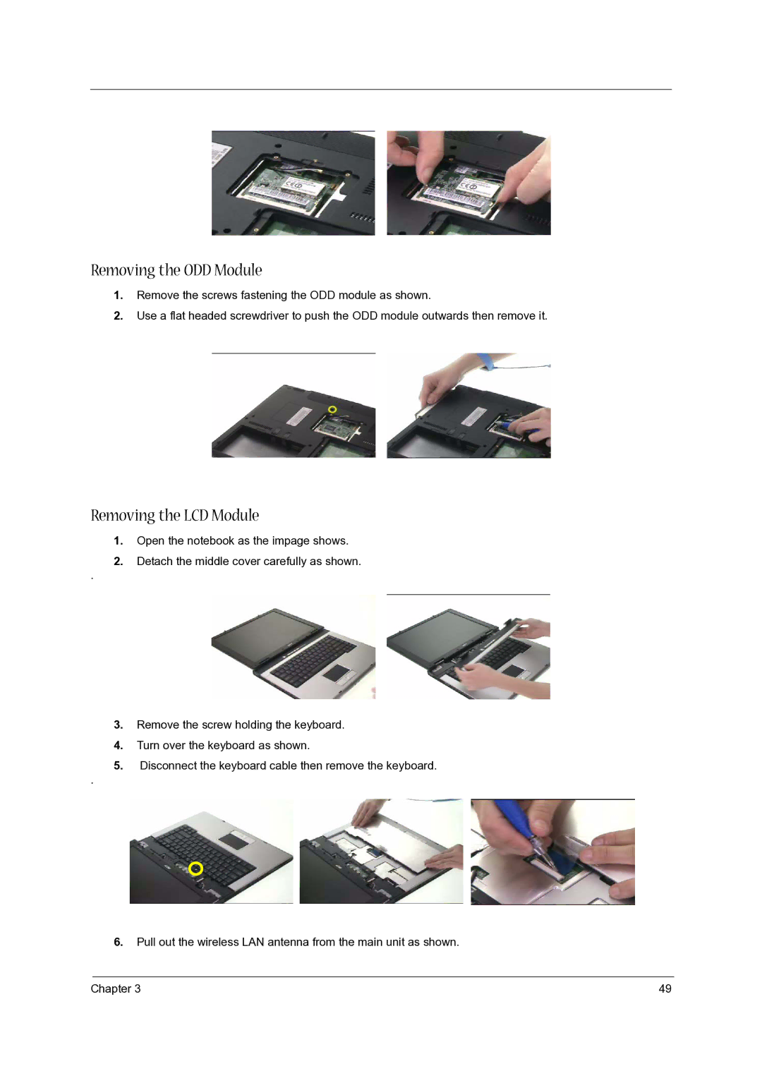 Acer 5020 manual Removing the ODD Module, Removing the LCD Module 