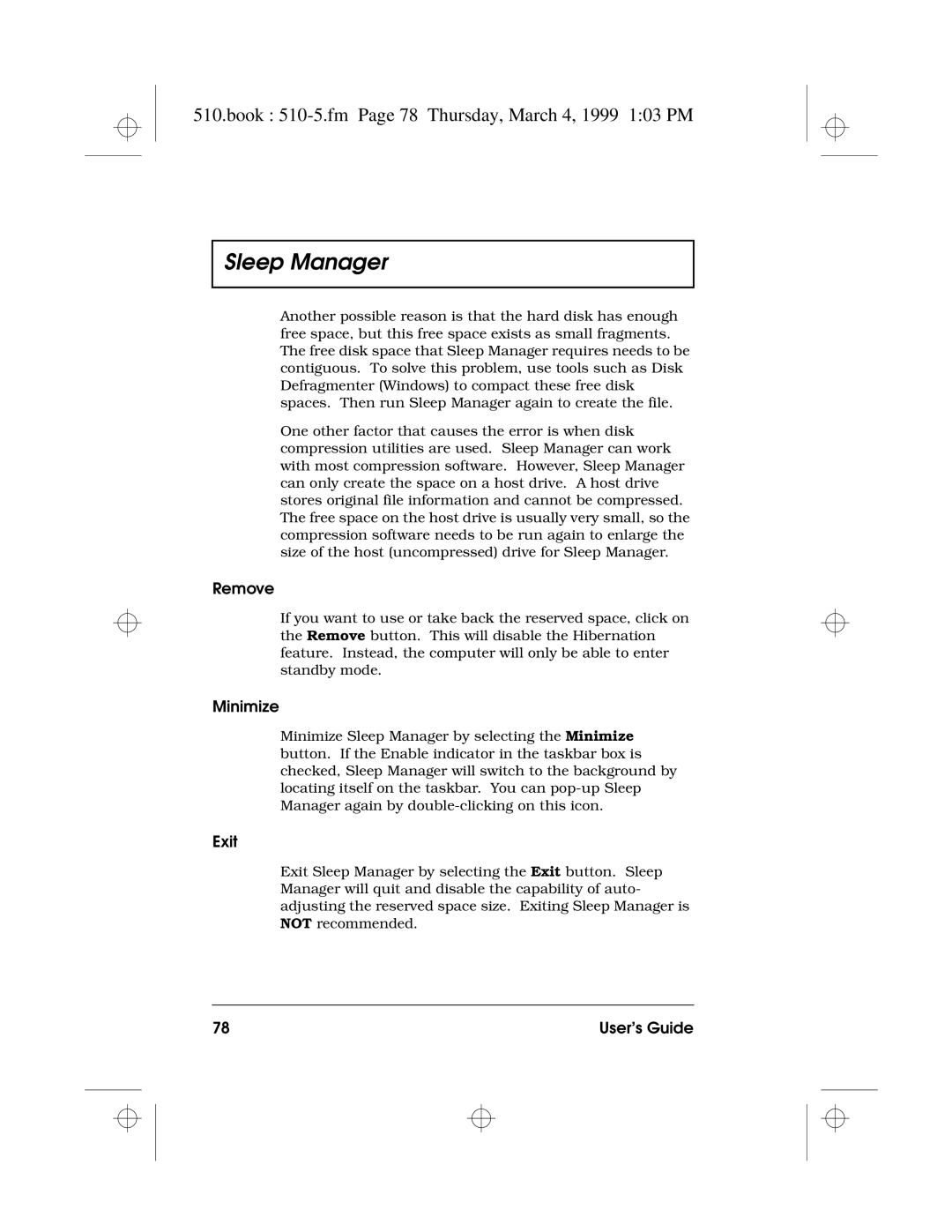 Acer 510 Series manual Book 510-5.fm Page 78 Thursday, March 4, 1999 103 PM, Remove, Minimize, Exit 