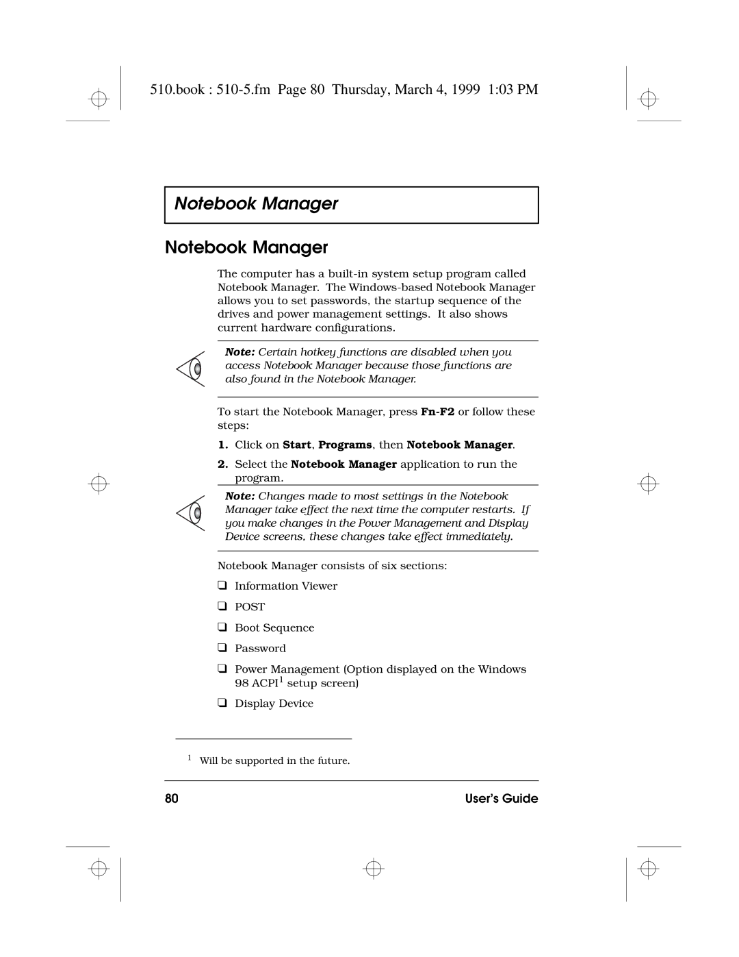 Acer 510 Series Book 510-5.fm Page 80 Thursday, March 4, 1999 103 PM, Click on Start, Programs, then Notebook Manager 