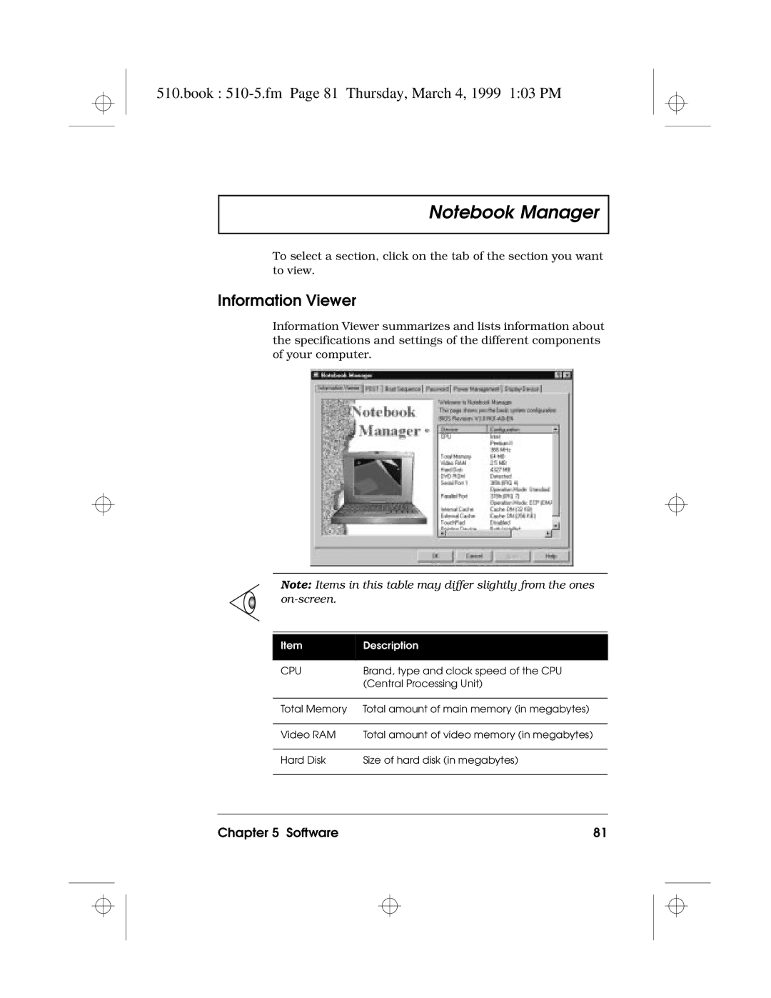 Acer 510 Series manual Book 510-5.fm Page 81 Thursday, March 4, 1999 103 PM, Information Viewer 