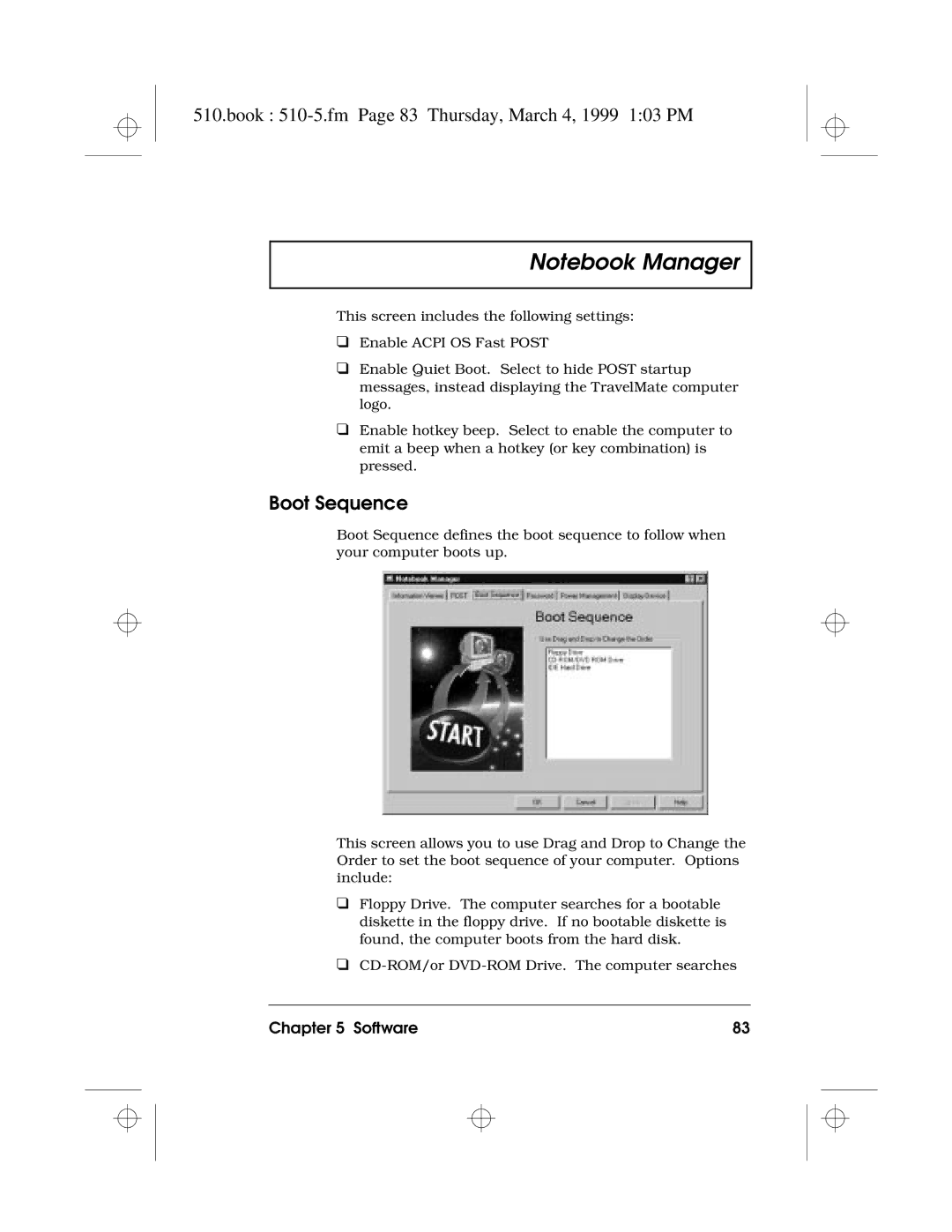 Acer 510 Series manual Book 510-5.fm Page 83 Thursday, March 4, 1999 103 PM, Boot Sequence 