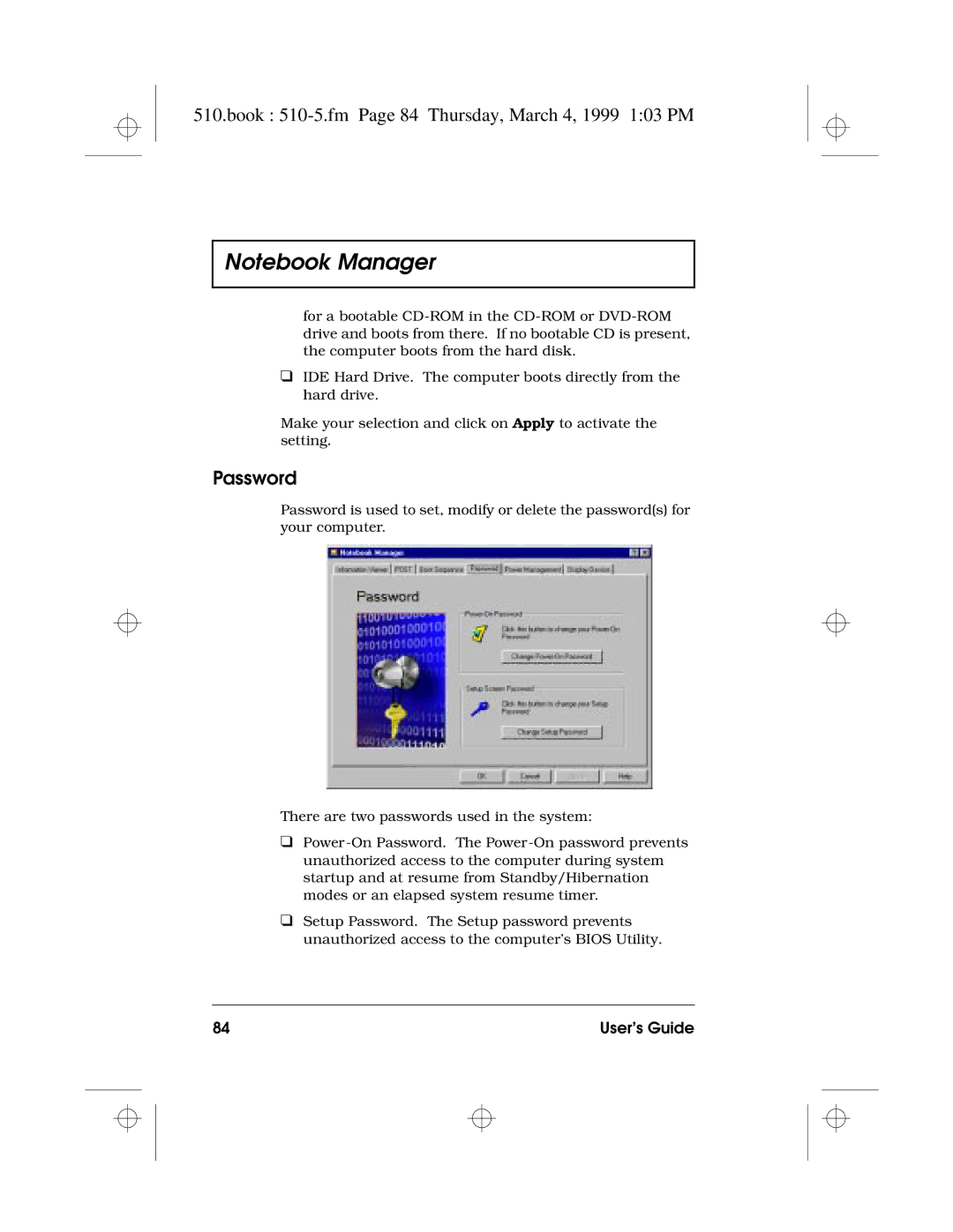 Acer 510 Series manual Book 510-5.fm Page 84 Thursday, March 4, 1999 103 PM, Password 