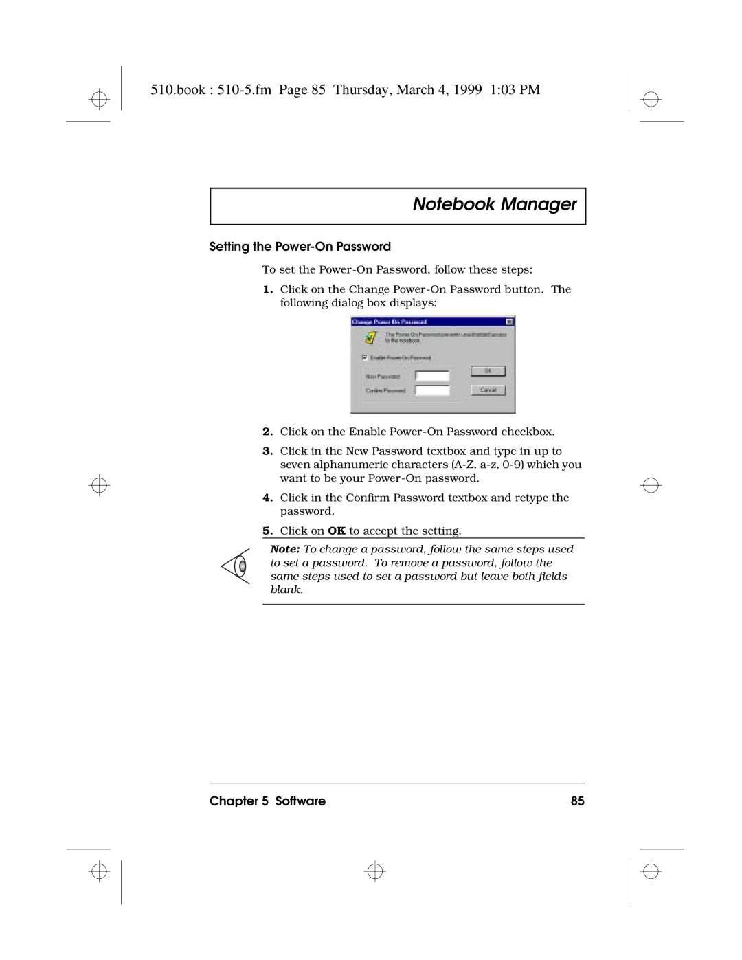 Acer 510 Series manual Book 510-5.fm Page 85 Thursday, March 4, 1999 103 PM, Setting the Power-On Password 