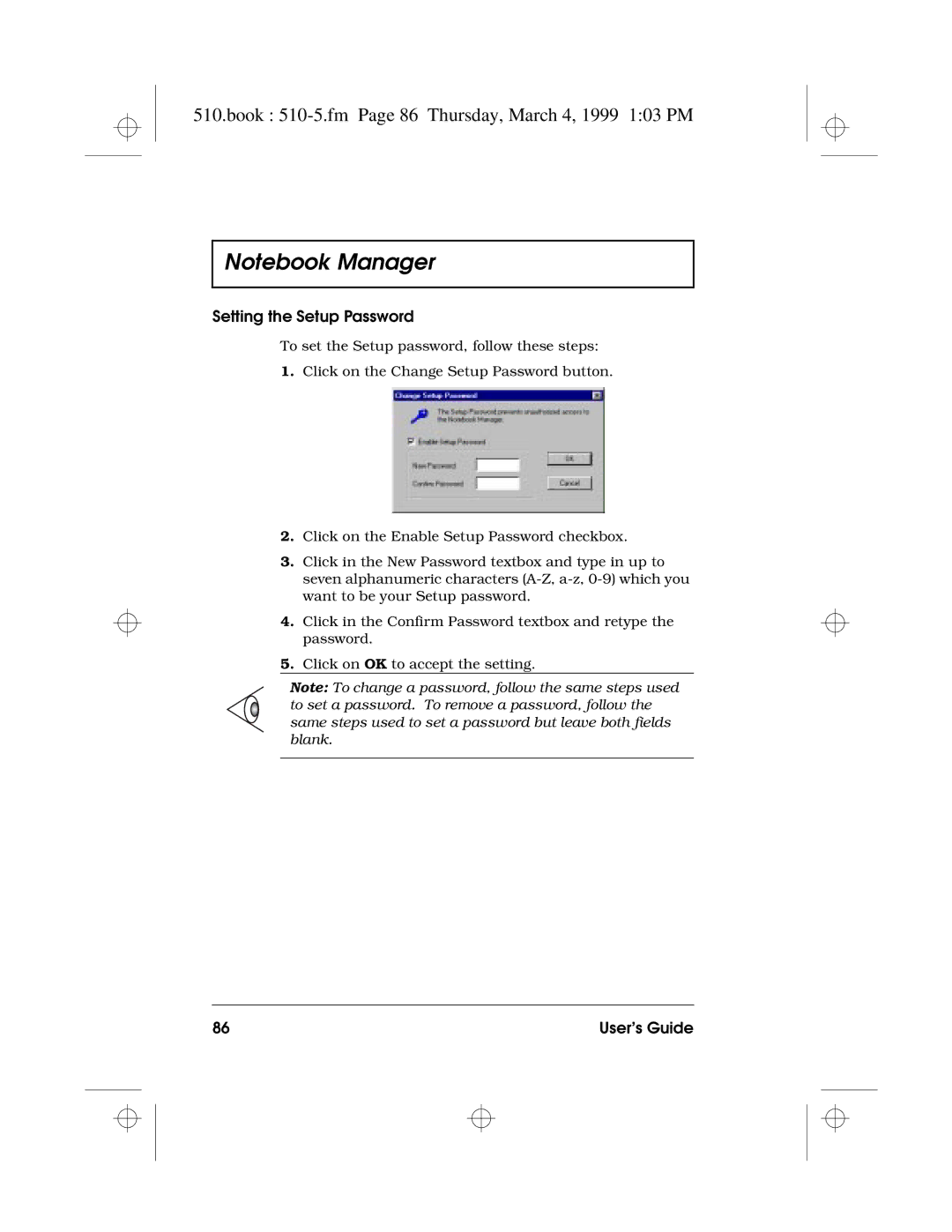 Acer 510 Series manual Book 510-5.fm Page 86 Thursday, March 4, 1999 103 PM, Setting the Setup Password 