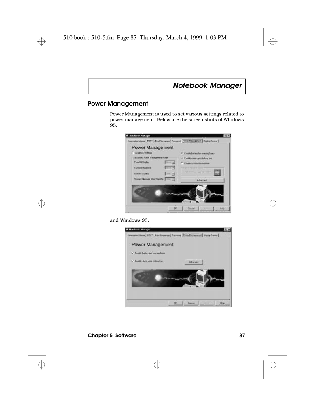 Acer 510 Series manual Book 510-5.fm Page 87 Thursday, March 4, 1999 103 PM, Power Management 