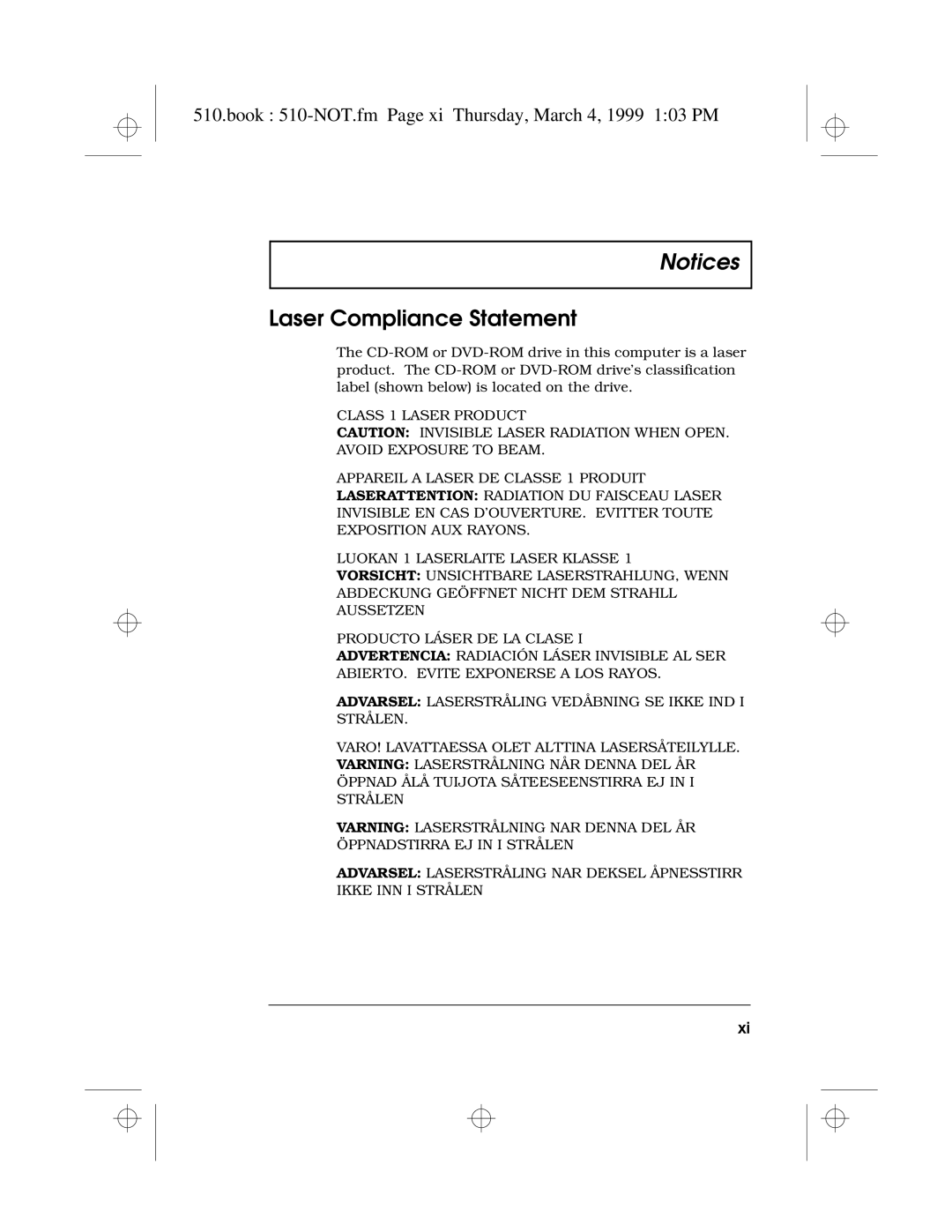 Acer 510 Series manual Laser Compliance Statement, Book 510-NOT.fm Page xi Thursday, March 4, 1999 103 PM 