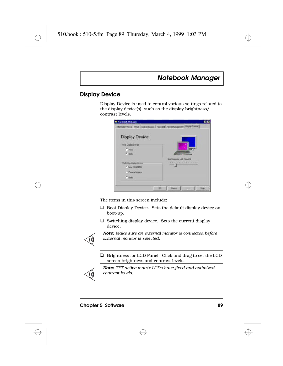 Acer 510 Series manual Book 510-5.fm Page 89 Thursday, March 4, 1999 103 PM, Display Device 