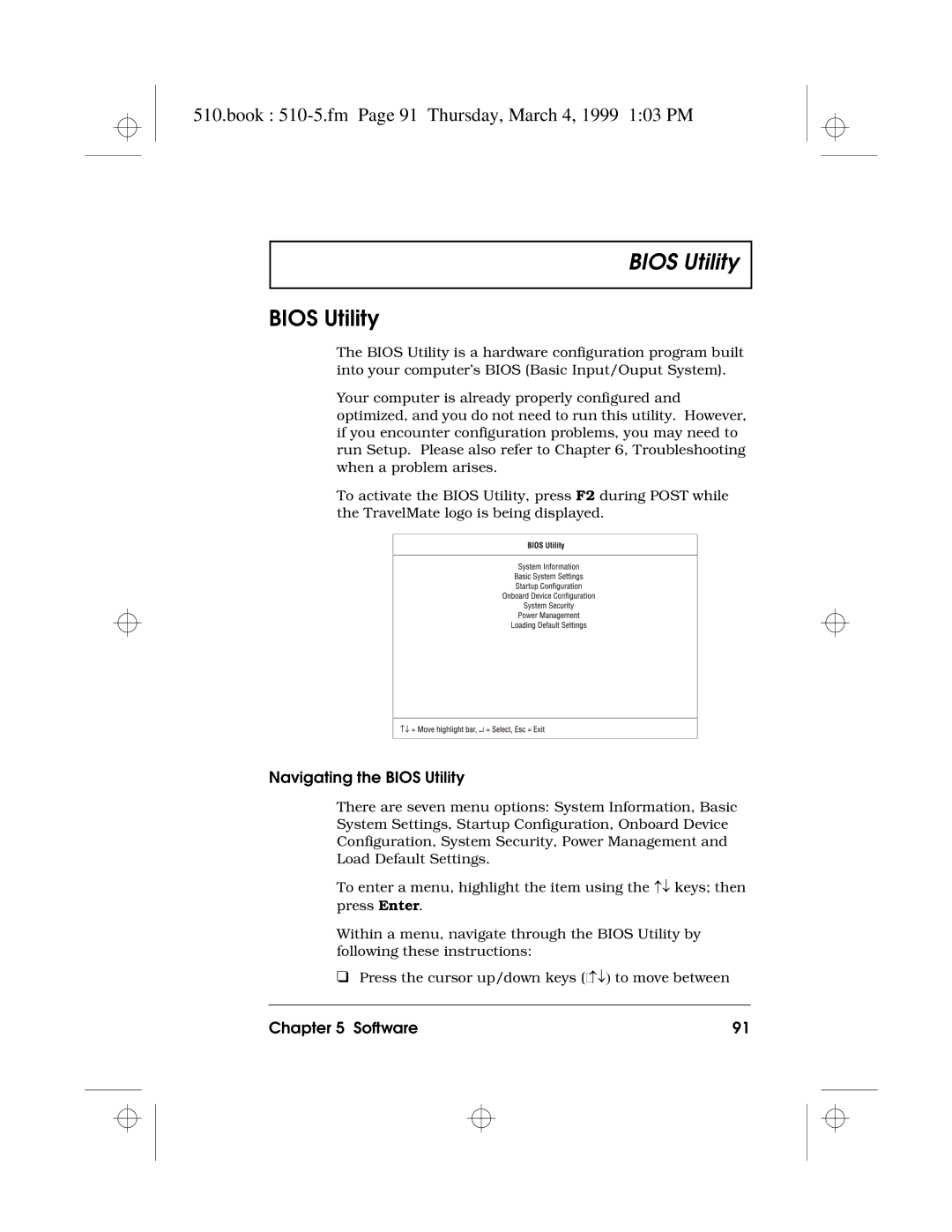 Acer 510 Series manual Book 510-5.fm Page 91 Thursday, March 4, 1999 103 PM, Navigating the Bios Utility 