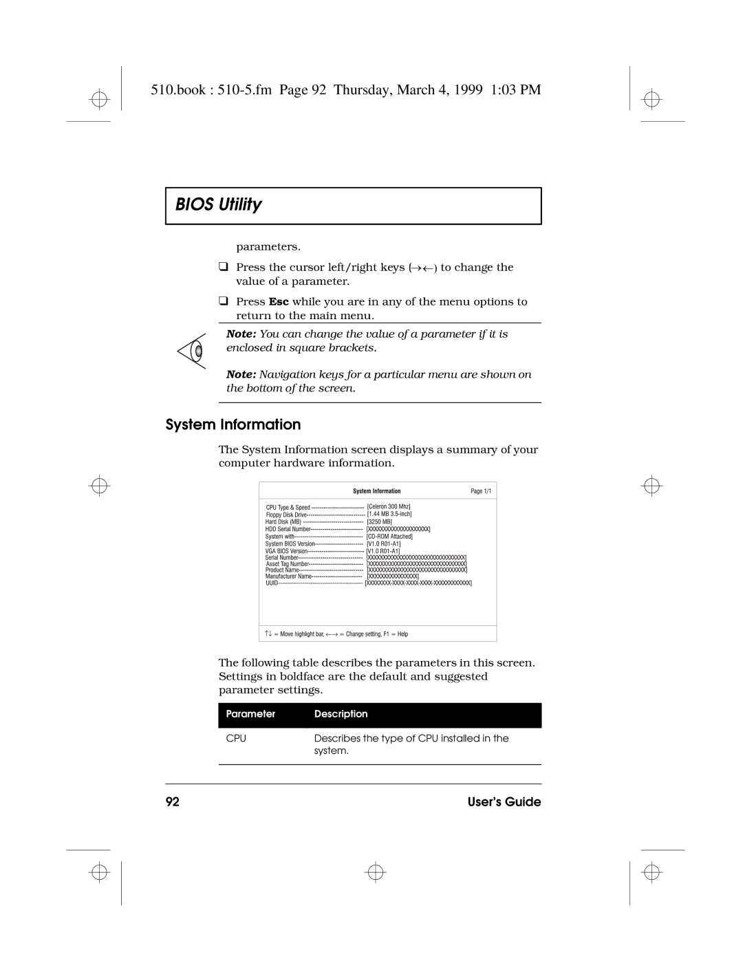 Acer 510 Series manual Book 510-5.fm Page 92 Thursday, March 4, 1999 103 PM, System Information 