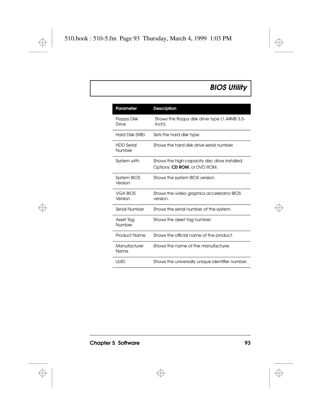 Acer 510 Series manual Book 510-5.fm Page 93 Thursday, March 4, 1999 103 PM, VGA Bios 