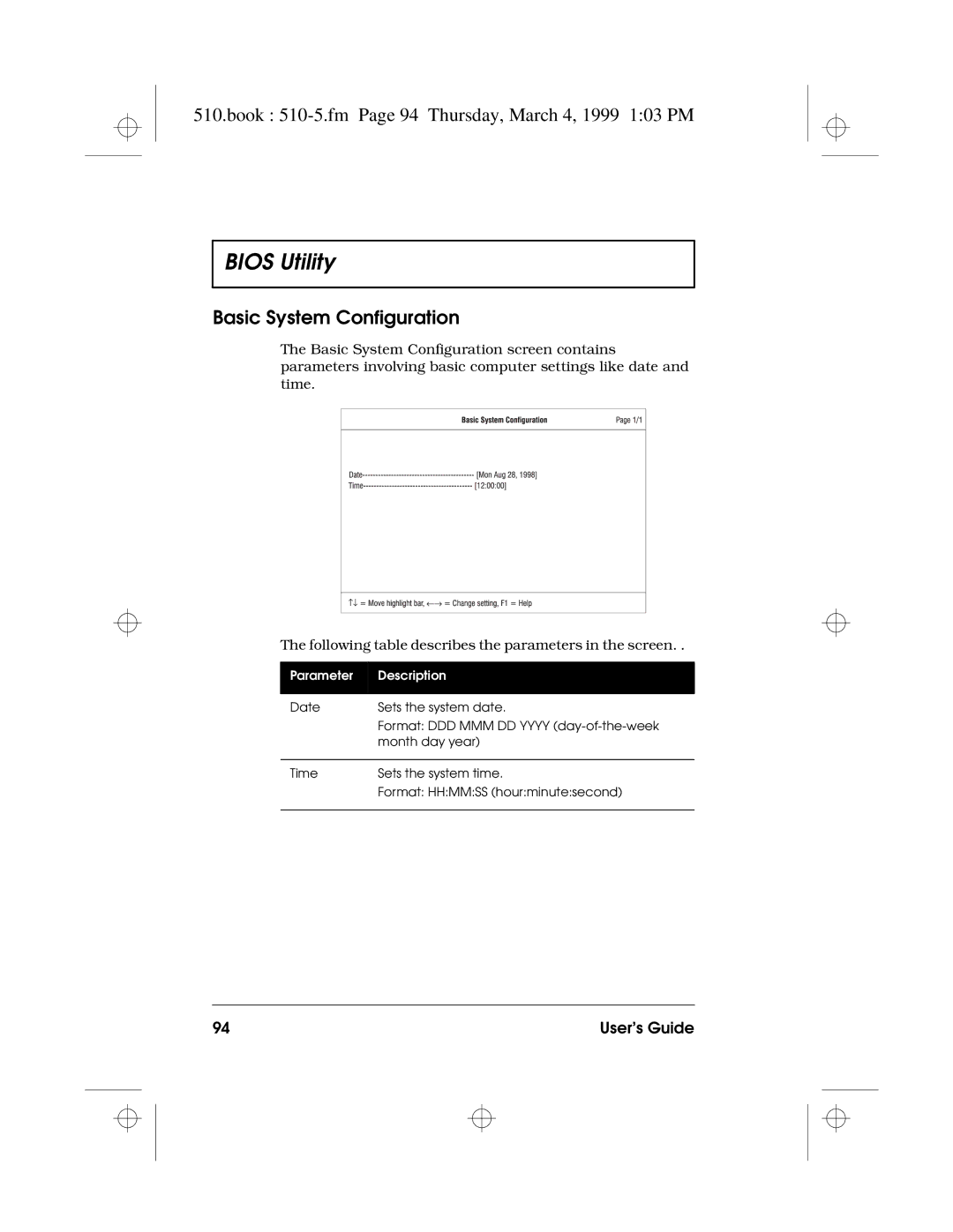 Acer 510 Series manual Book 510-5.fm Page 94 Thursday, March 4, 1999 103 PM, Basic System Configuration 