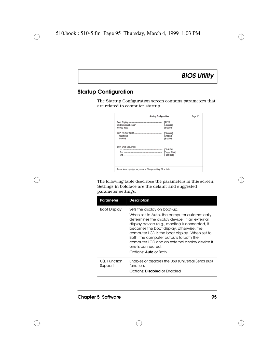 Acer 510 Series manual Book 510-5.fm Page 95 Thursday, March 4, 1999 103 PM, Startup Configuration 