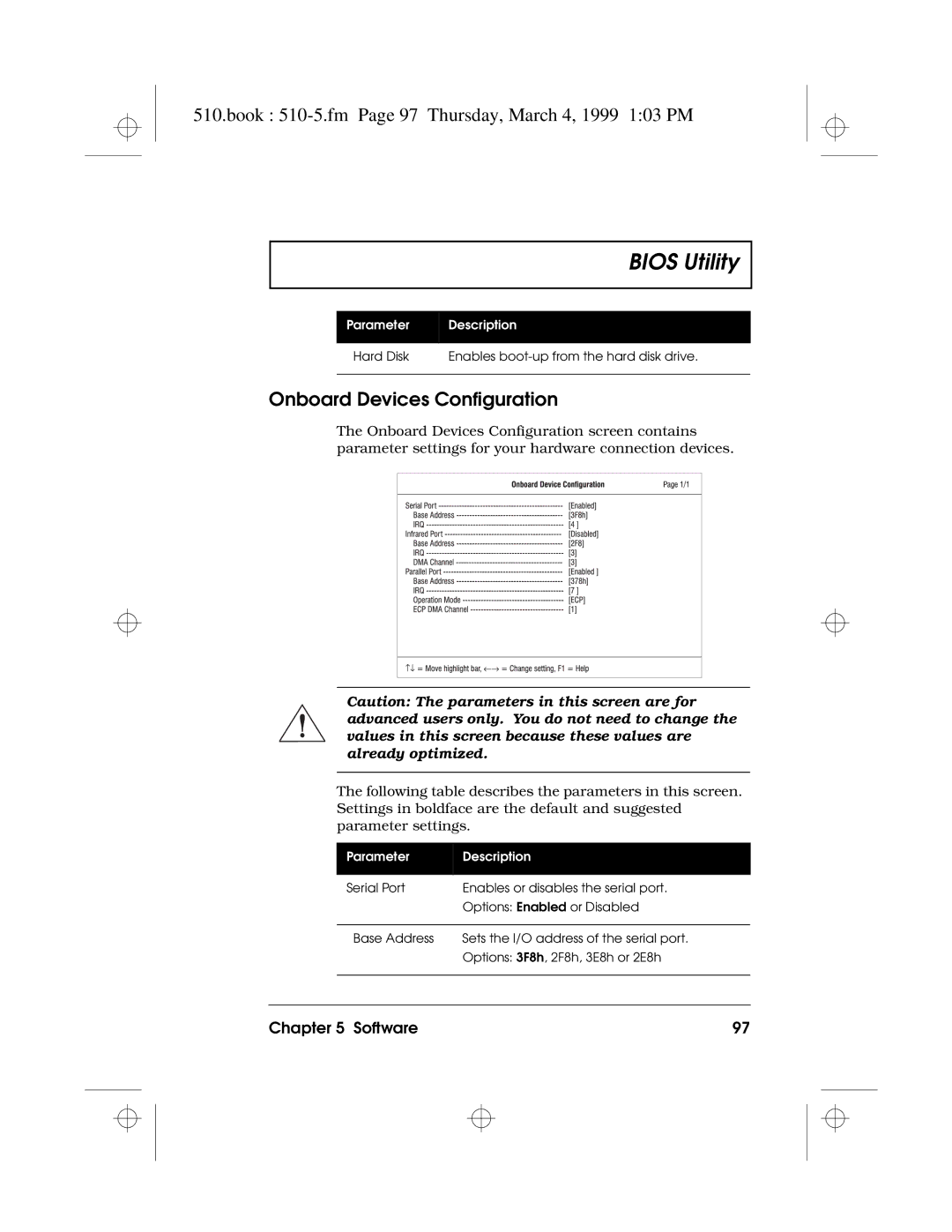 Acer 510 Series manual Book 510-5.fm Page 97 Thursday, March 4, 1999 103 PM, Onboard Devices Configuration 