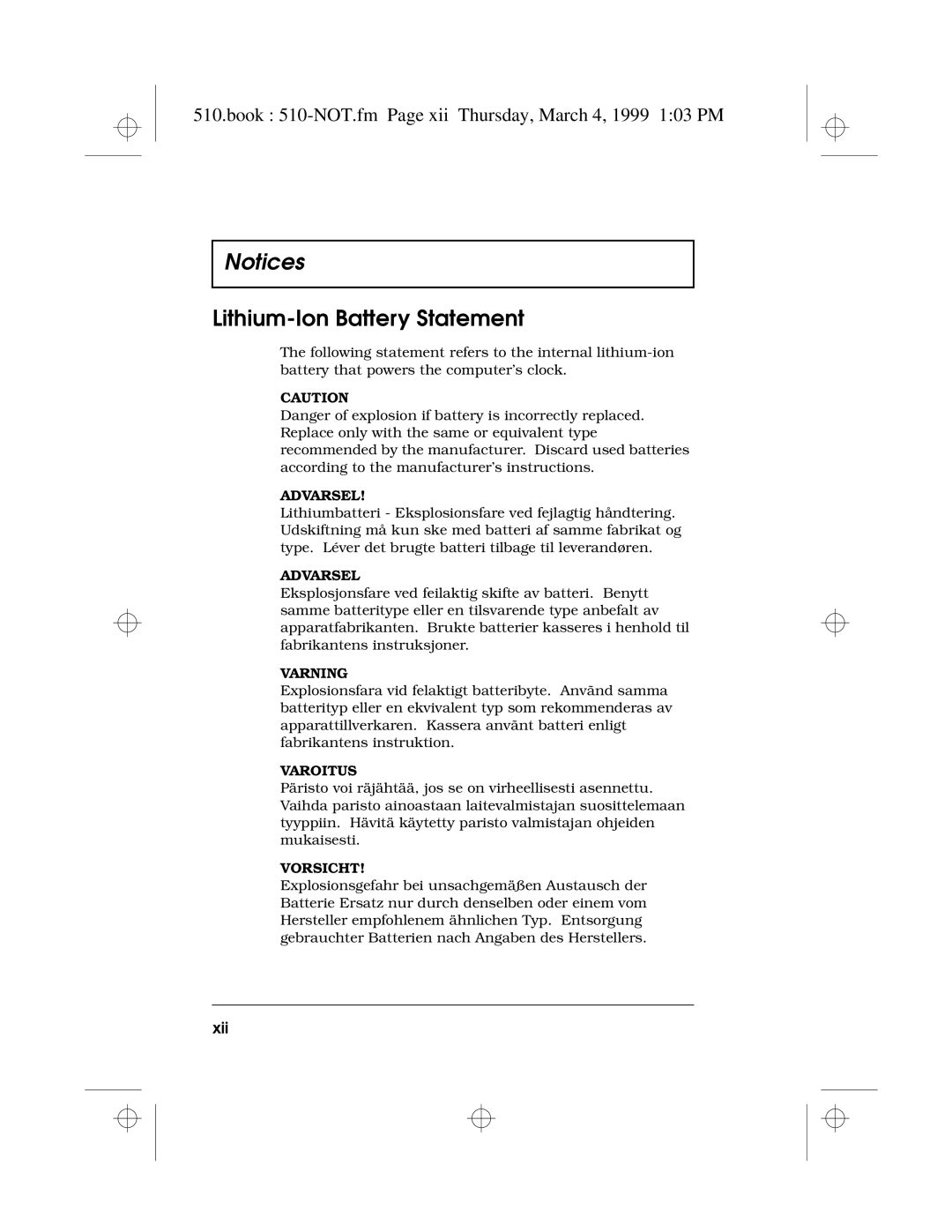 Acer 510 Series manual Lithium-Ion Battery Statement, Book 510-NOT.fm Page xii Thursday, March 4, 1999 103 PM, Xii 