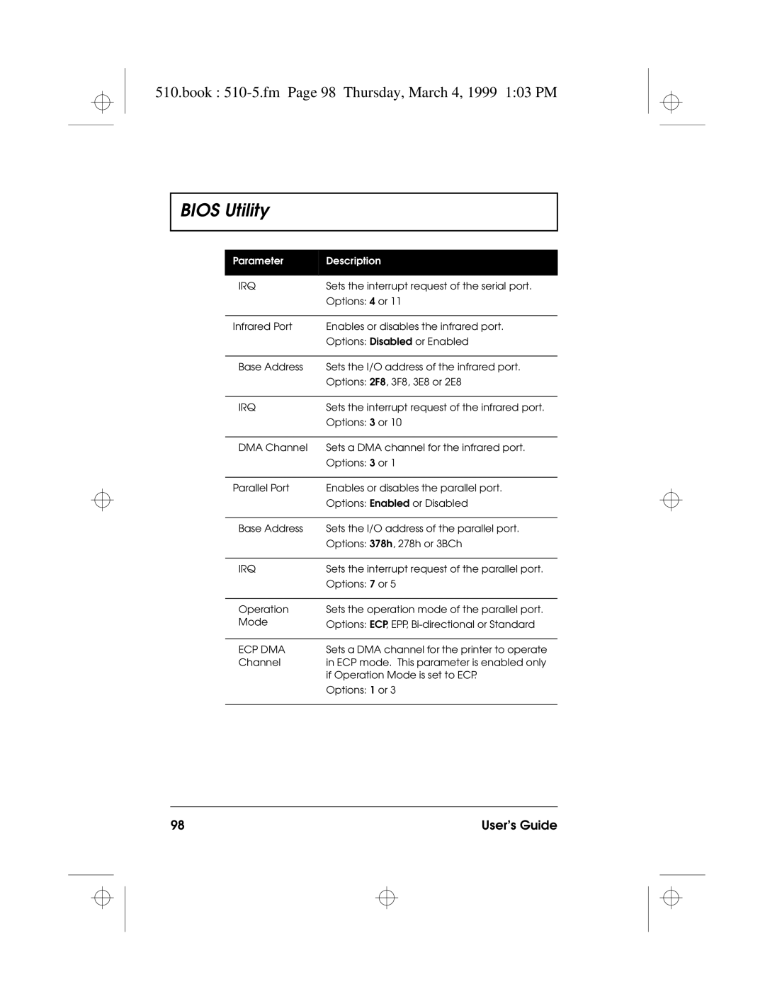 Acer 510 Series manual Book 510-5.fm Page 98 Thursday, March 4, 1999 103 PM, Irq 