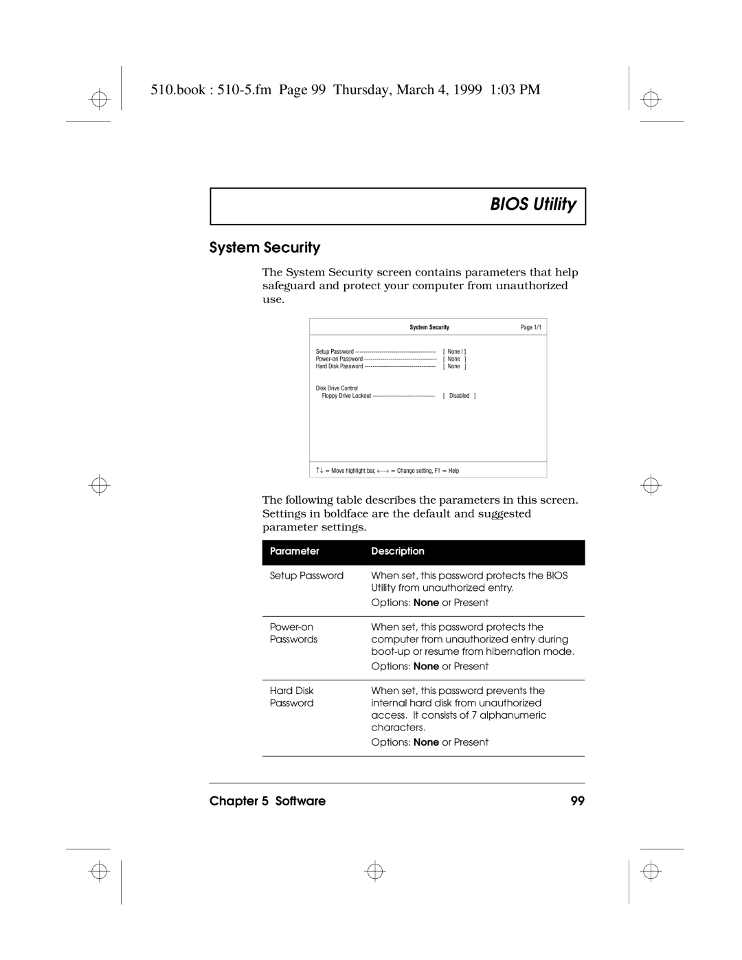 Acer 510 Series manual Book 510-5.fm Page 99 Thursday, March 4, 1999 103 PM, System Security 