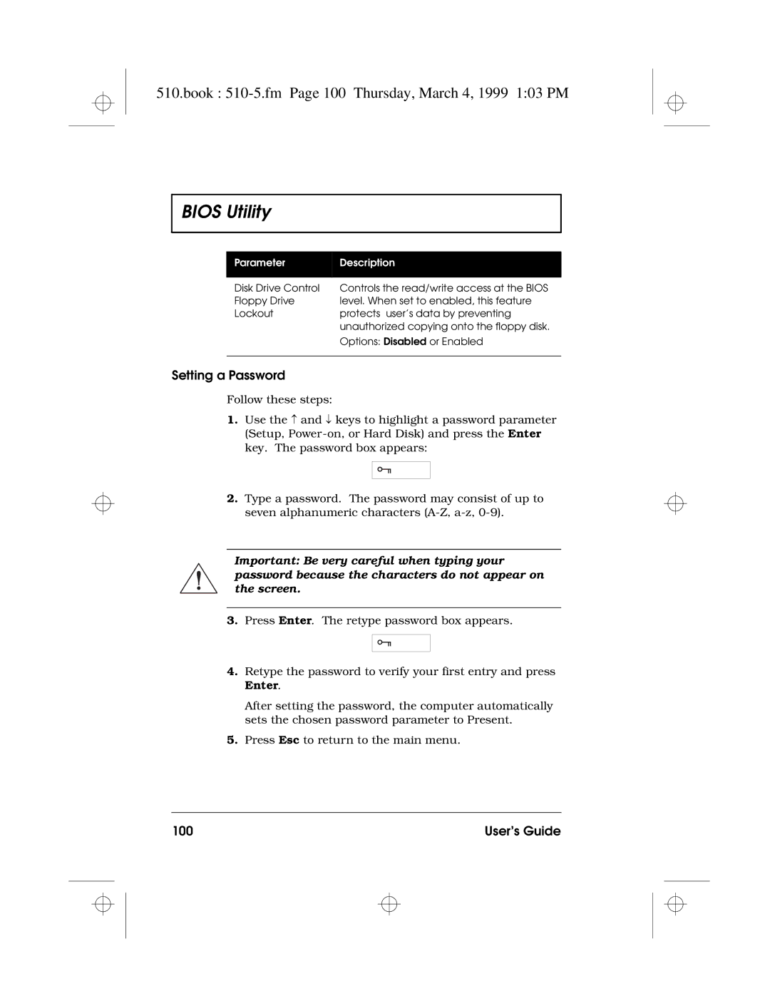 Acer 510 Series manual Book 510-5.fm Page 100 Thursday, March 4, 1999 103 PM, Setting a Password, User’s Guide 