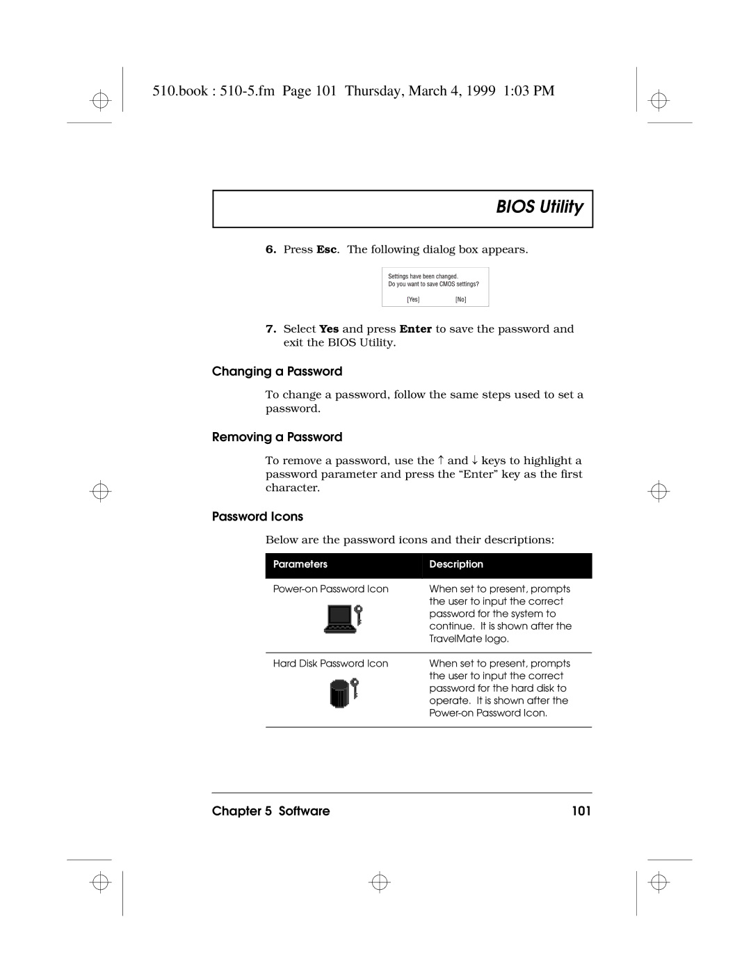 Acer 510 Series manual Book 510-5.fm Page 101 Thursday, March 4, 1999 103 PM, Changing a Password, Removing a Password 