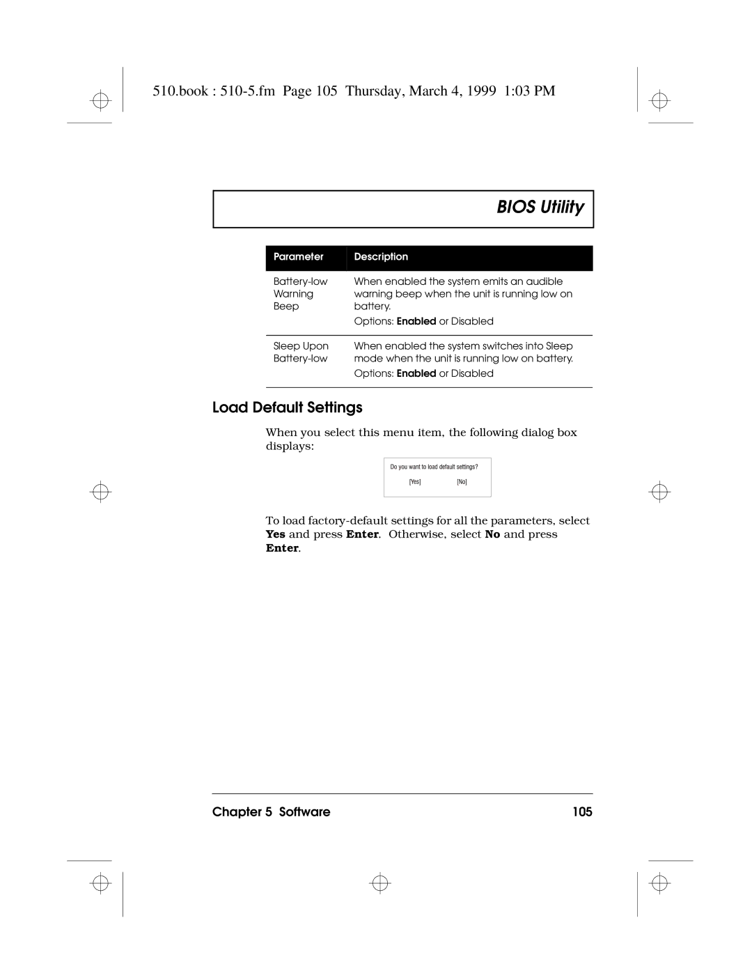 Acer 510 Series manual Book 510-5.fm Page 105 Thursday, March 4, 1999 103 PM, Load Default Settings, Software 105 