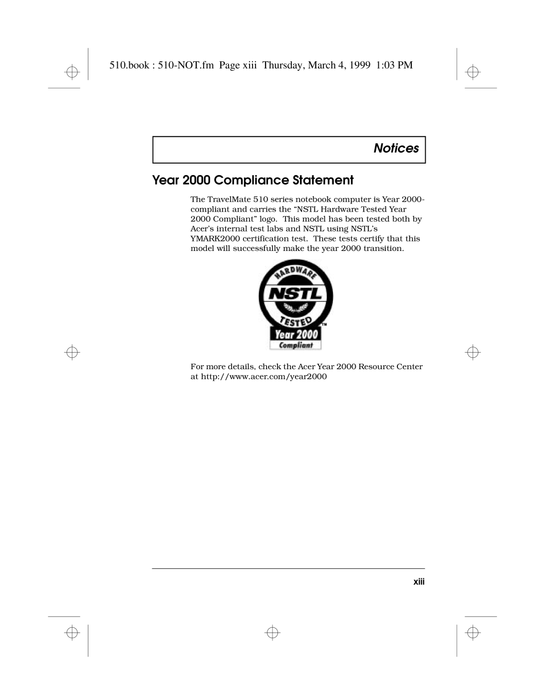 Acer 510 Series manual Year 2000 Compliance Statement, Book 510-NOT.fm Page xiii Thursday, March 4, 1999 103 PM, Xiii 