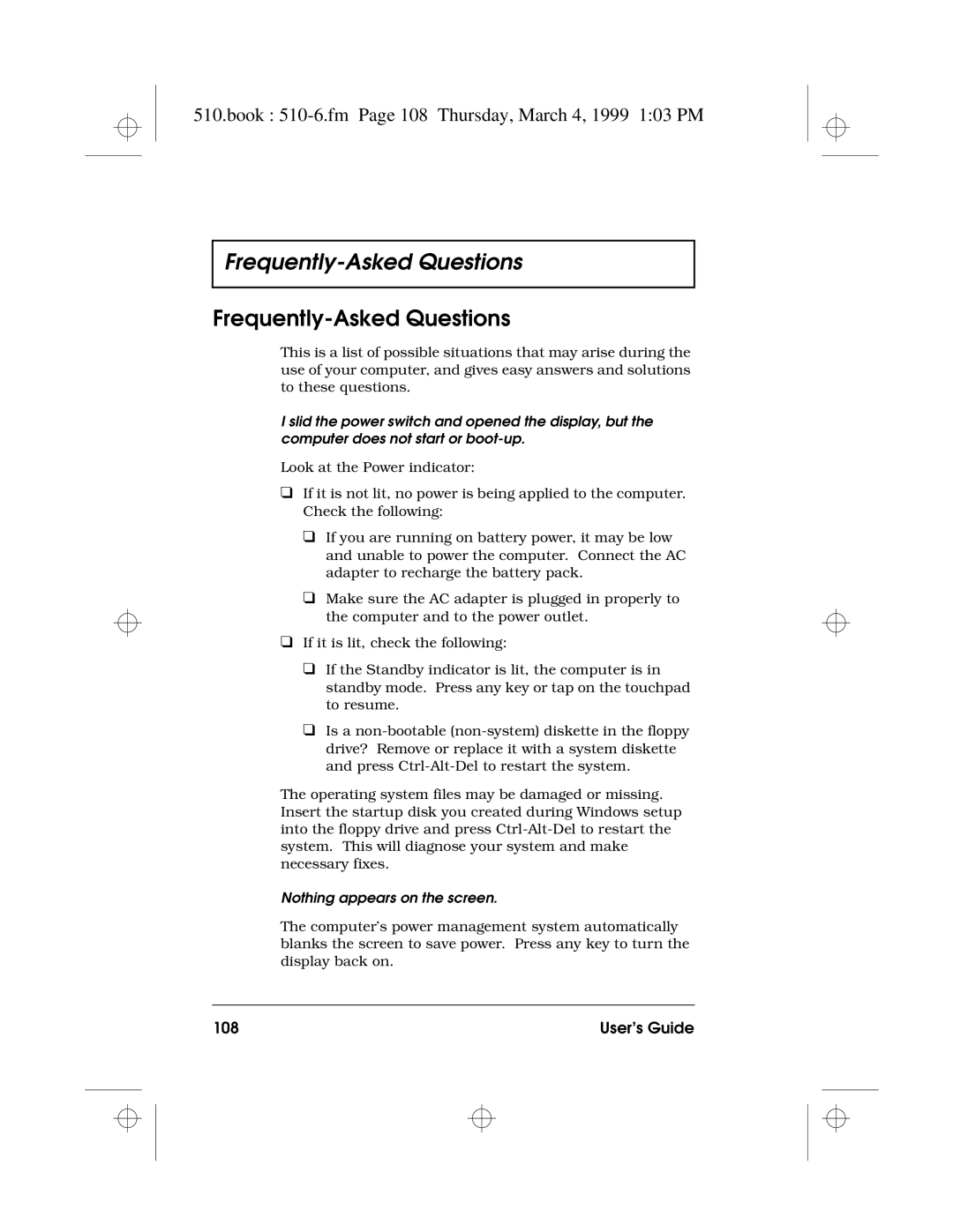 Acer 510 Series manual Frequently-Asked Questions, Book 510-6.fm Page 108 Thursday, March 4, 1999 103 PM, User’s Guide 