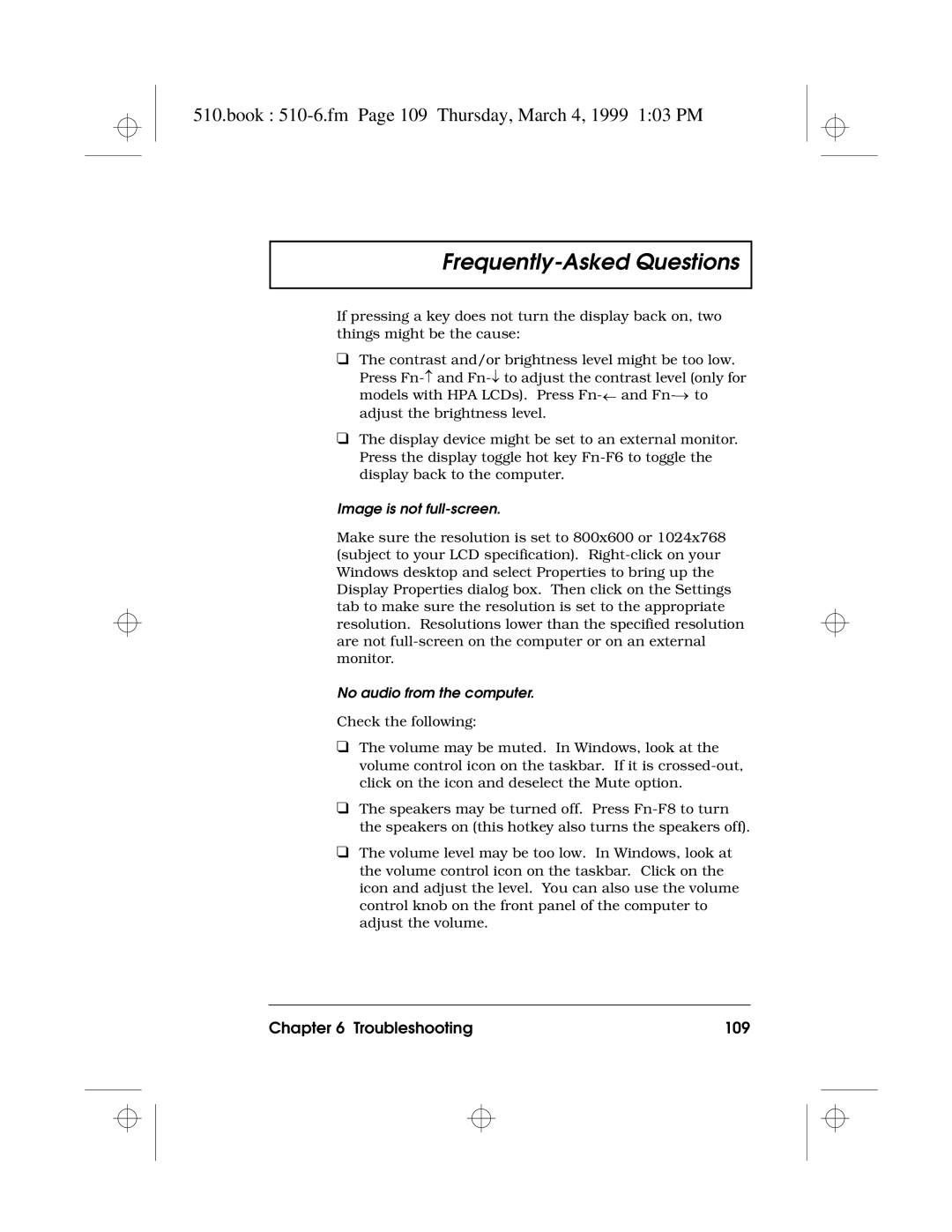 Acer 510 Series manual Book 510-6.fm Page 109 Thursday, March 4, 1999 103 PM, Troubleshooting 109, Image is not full-screen 