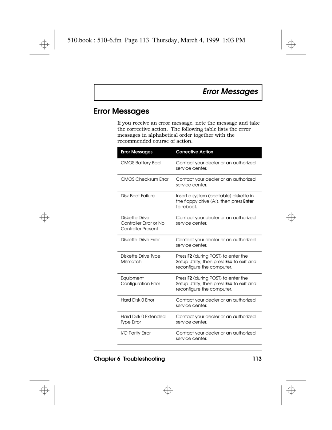 Acer 510 Series manual Error Messages, Book 510-6.fm Page 113 Thursday, March 4, 1999 103 PM, Troubleshooting 113 