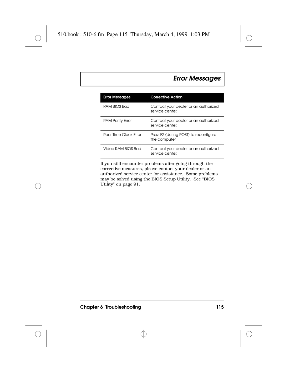 Acer 510 Series manual Book 510-6.fm Page 115 Thursday, March 4, 1999 103 PM, Troubleshooting 115 