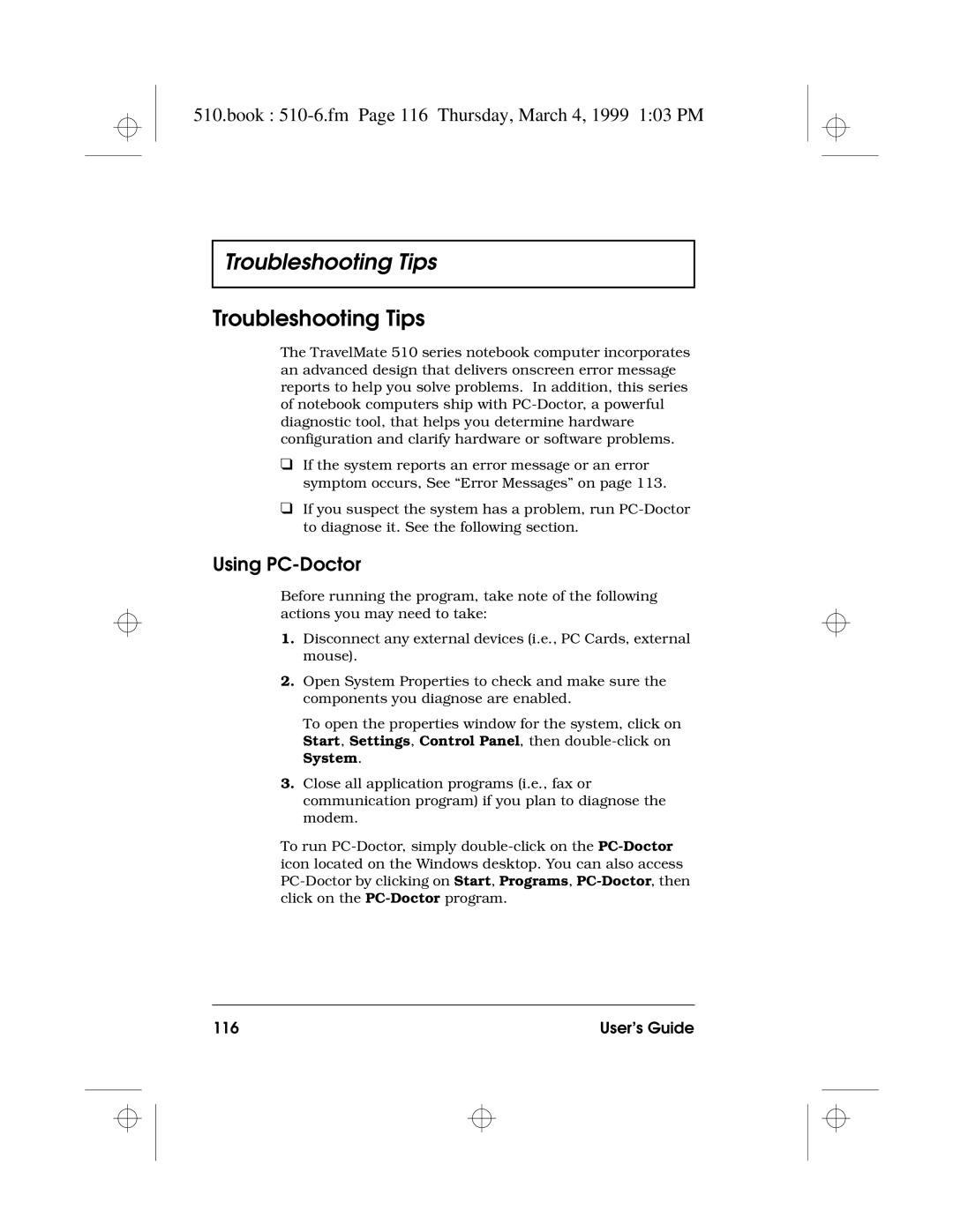 Acer 510 Series Troubleshooting Tips, Book 510-6.fm Page 116 Thursday, March 4, 1999 103 PM, Using PC-Doctor, User’s Guide 