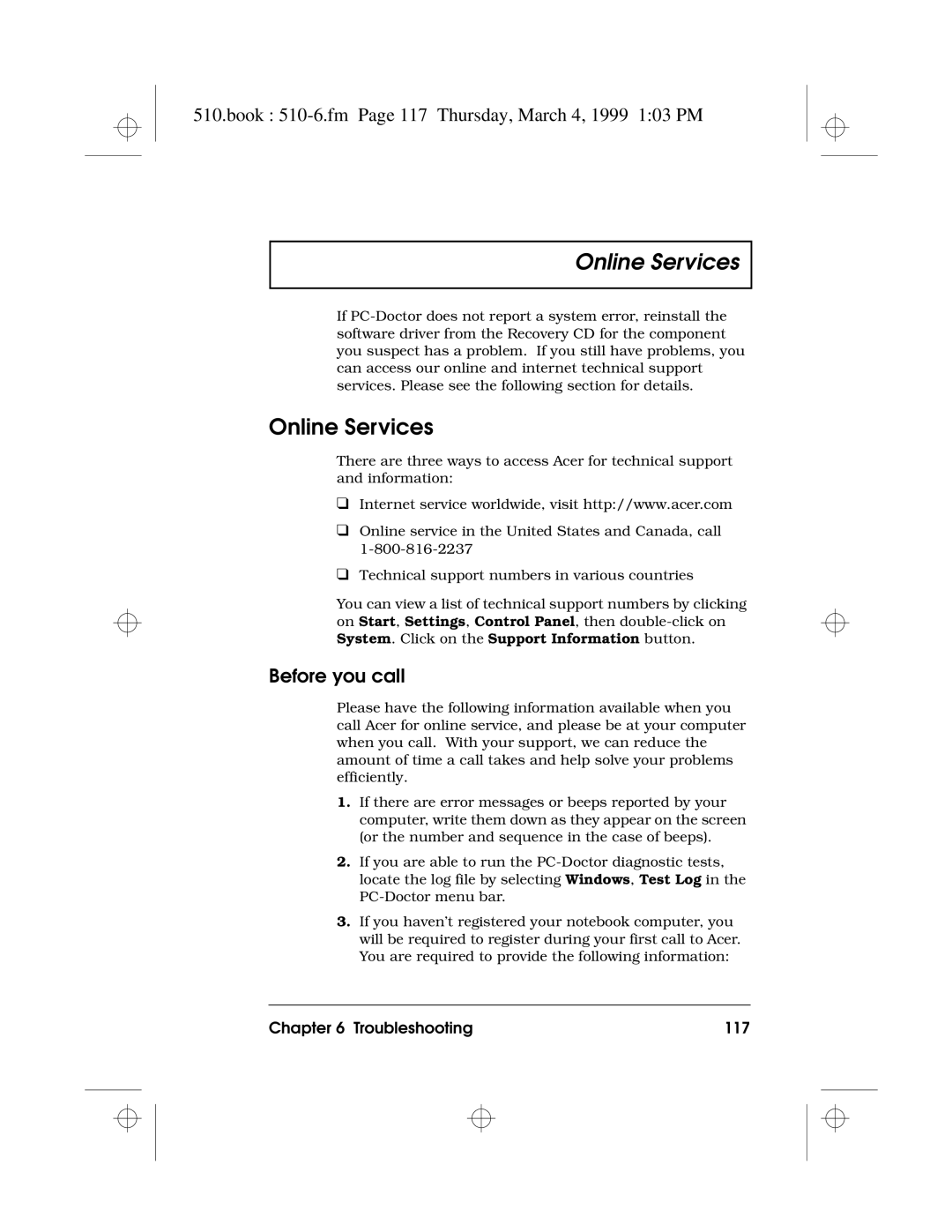 Acer 510 Series manual Online Services, Book 510-6.fm Page 117 Thursday, March 4, 1999 103 PM, Before you call 