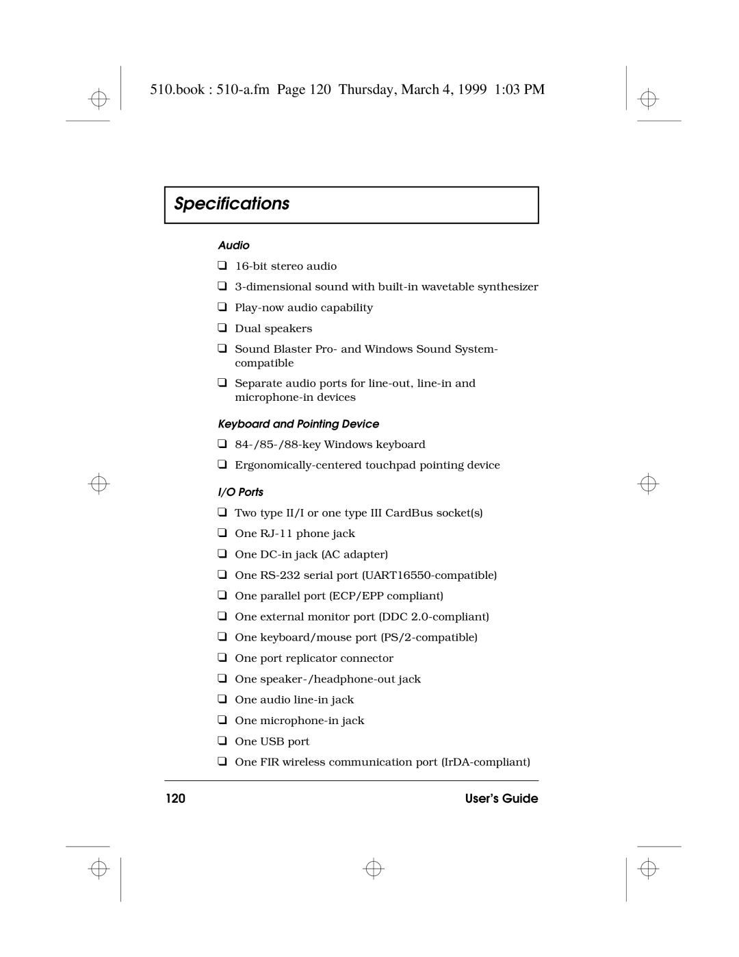 Acer 510 Series manual Specifications, Book 510-a.fm Page 120 Thursday, March 4, 1999 103 PM, User’s Guide 