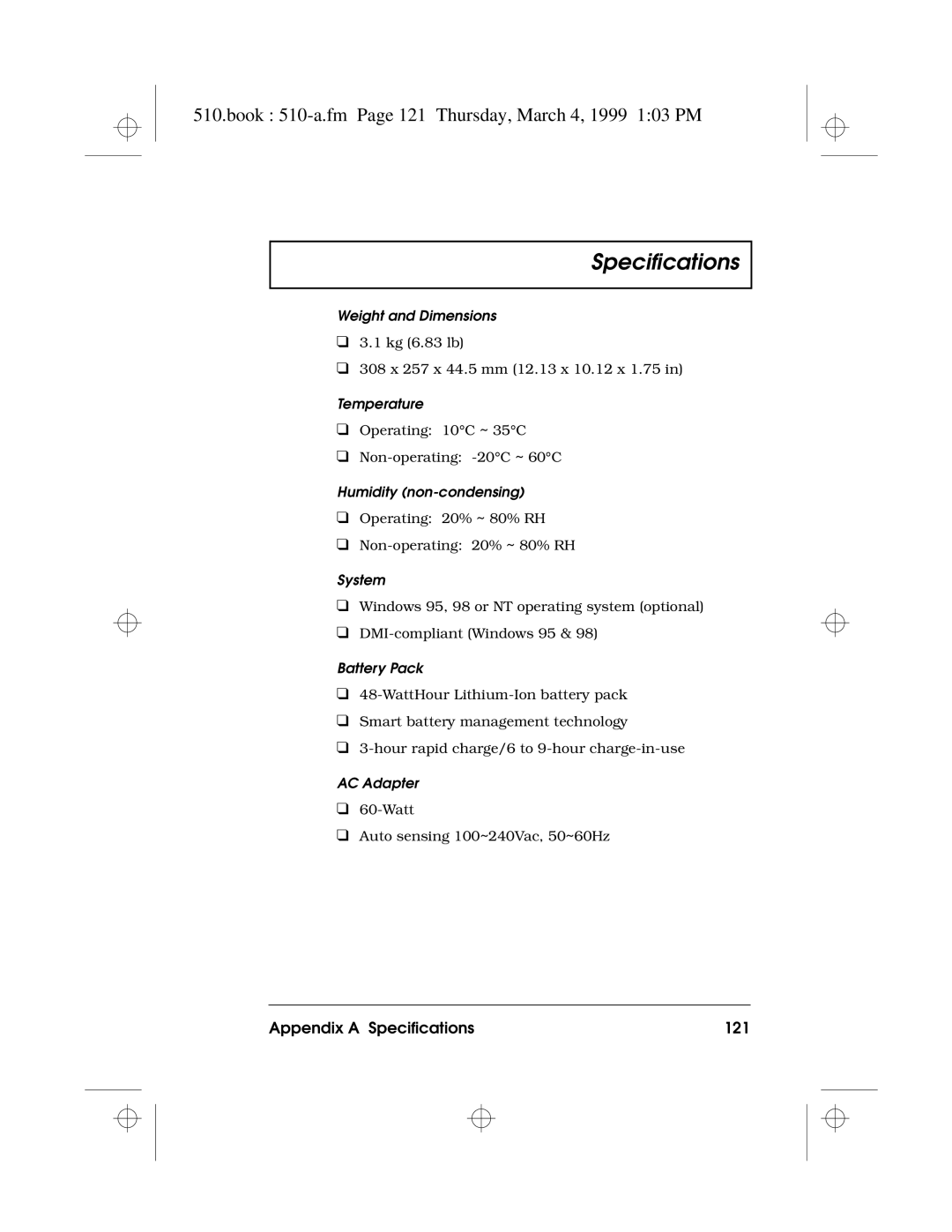 Acer 510 Series manual Book 510-a.fm Page 121 Thursday, March 4, 1999 103 PM, Appendix a Specifications 121 