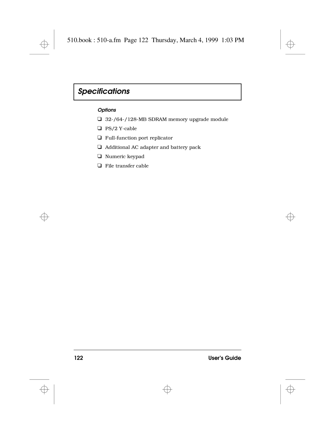 Acer 510 Series manual Book 510-a.fm Page 122 Thursday, March 4, 1999 103 PM, User’s Guide, Options 