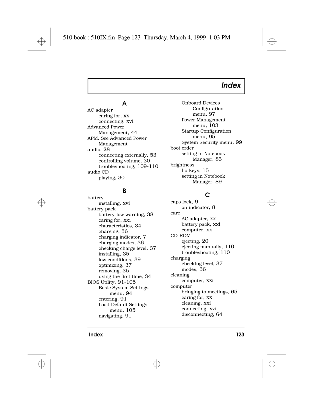 Acer 510 Series manual Book 510IX.fm Page 123 Thursday, March 4, 1999 103 PM, Index 123 