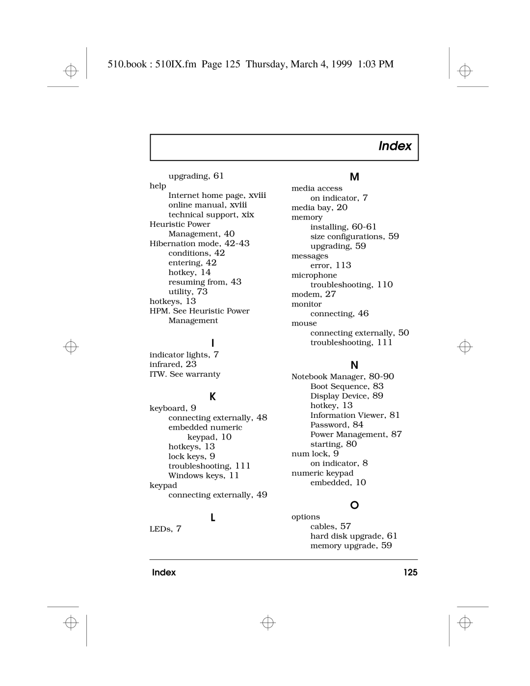 Acer 510 Series manual Book 510IX.fm Page 125 Thursday, March 4, 1999 103 PM, Index 125 