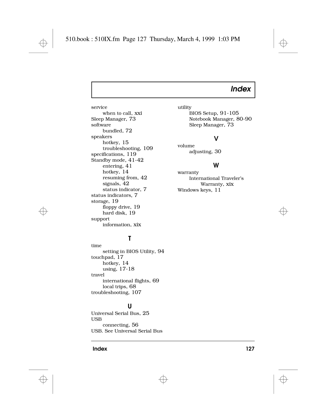 Acer 510 Series manual Book 510IX.fm Page 127 Thursday, March 4, 1999 103 PM, Index 127 