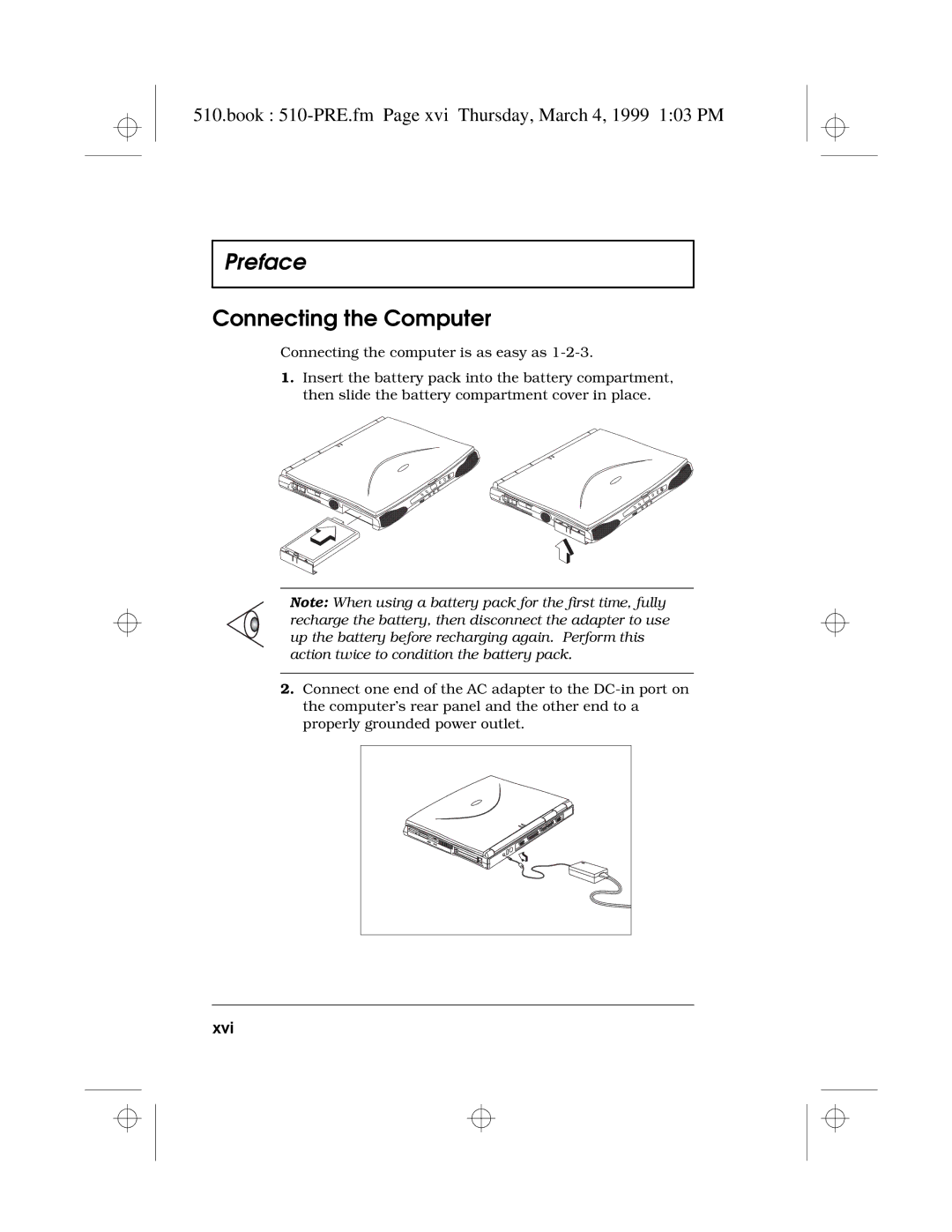 Acer 510 Series manual Connecting the Computer, Book 510-PRE.fm Page xvi Thursday, March 4, 1999 103 PM, Xvi 