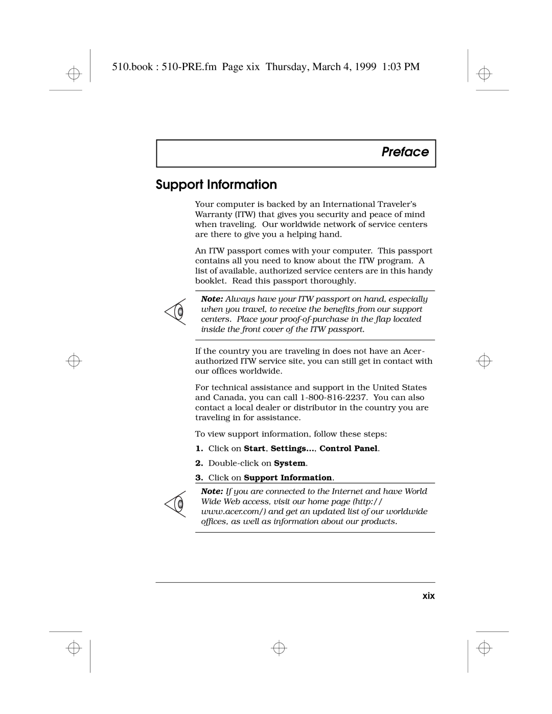 Acer 510 Series manual Support Information, Book 510-PRE.fm Page xix Thursday, March 4, 1999 103 PM, Xix 