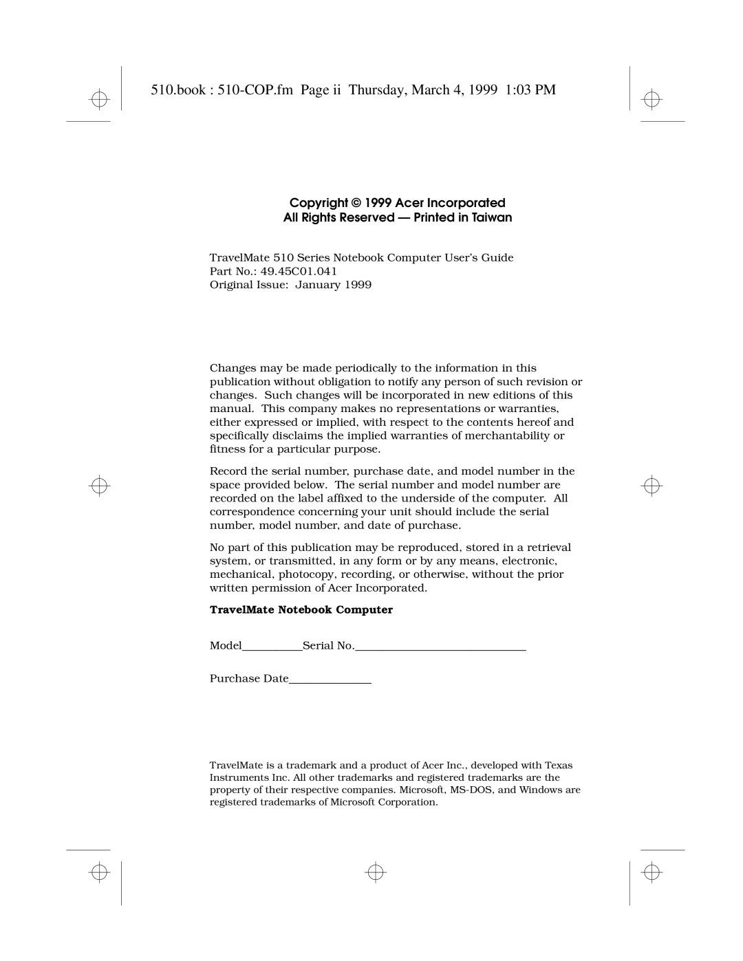 Acer 510 Series manual Book 510-COP.fm Page ii Thursday, March 4, 1999 103 PM, Copyright 1999 Acer Incorporated 