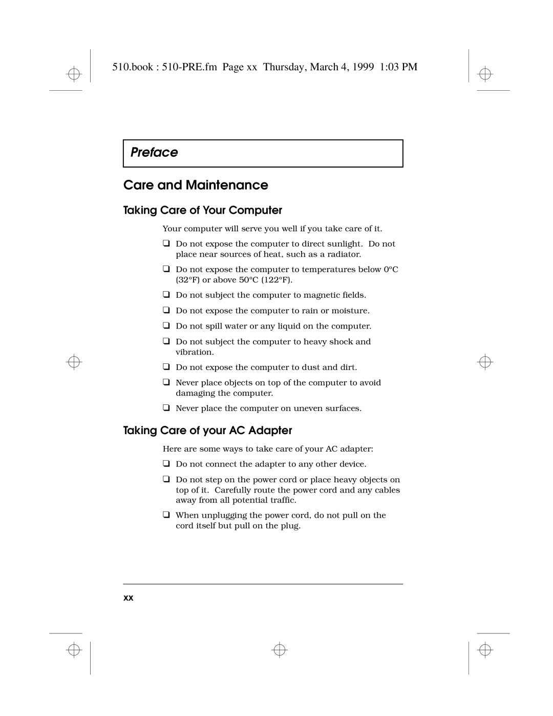 Acer 510 Series Care and Maintenance, Book 510-PRE.fm Page xx Thursday, March 4, 1999 103 PM, Taking Care of Your Computer 