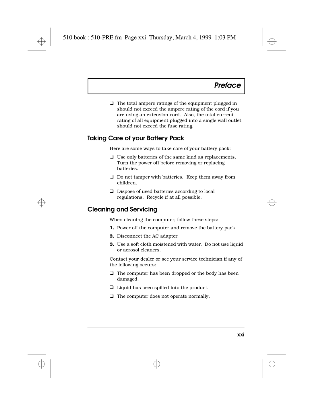 Acer 510 Series manual Book 510-PRE.fm Page xxi Thursday, March 4, 1999 103 PM, Taking Care of your Battery Pack, Xxi 