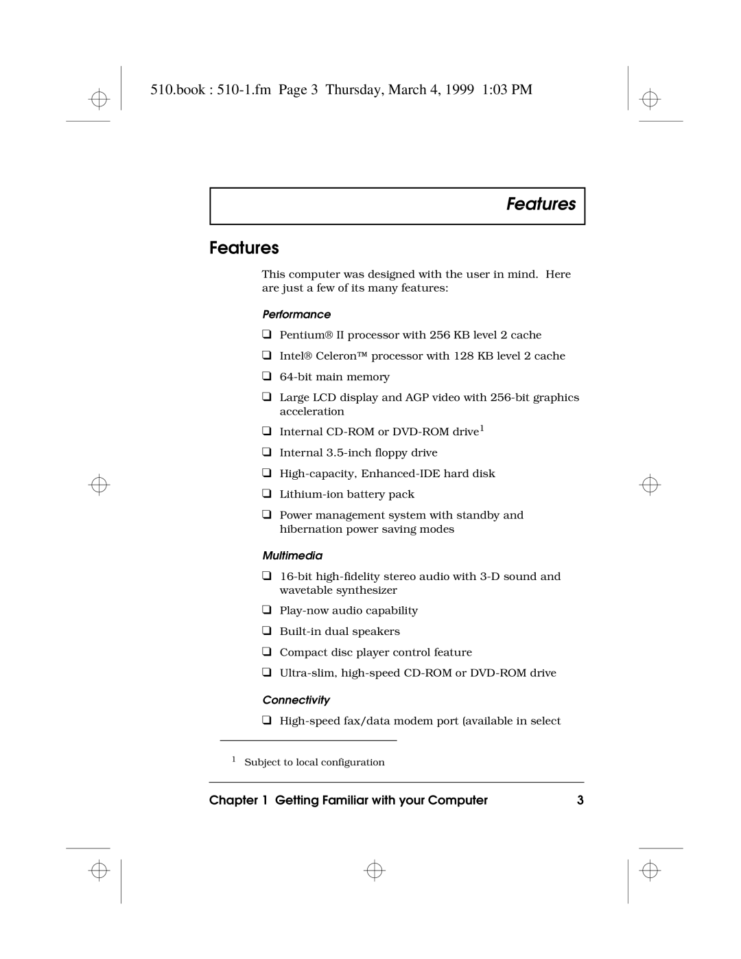 Acer 510 Series manual Features, Book 510-1.fm Page 3 Thursday, March 4, 1999 103 PM 