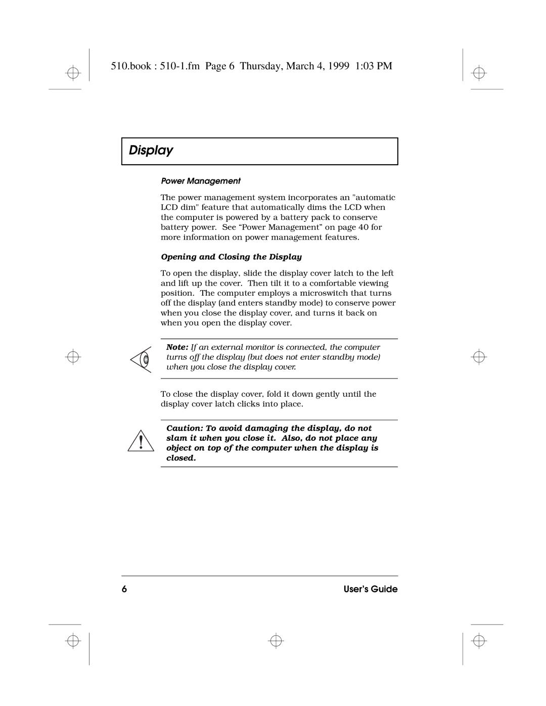 Acer 510 Series manual Book 510-1.fm Page 6 Thursday, March 4, 1999 103 PM, Power Management 