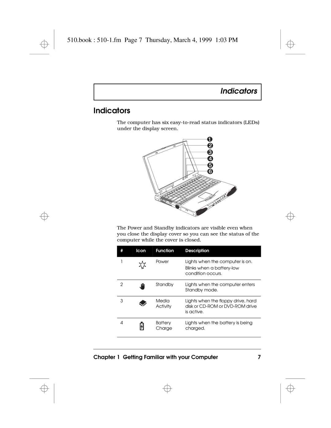 Acer 510 Series manual Indicators, Book 510-1.fm Page 7 Thursday, March 4, 1999 103 PM 