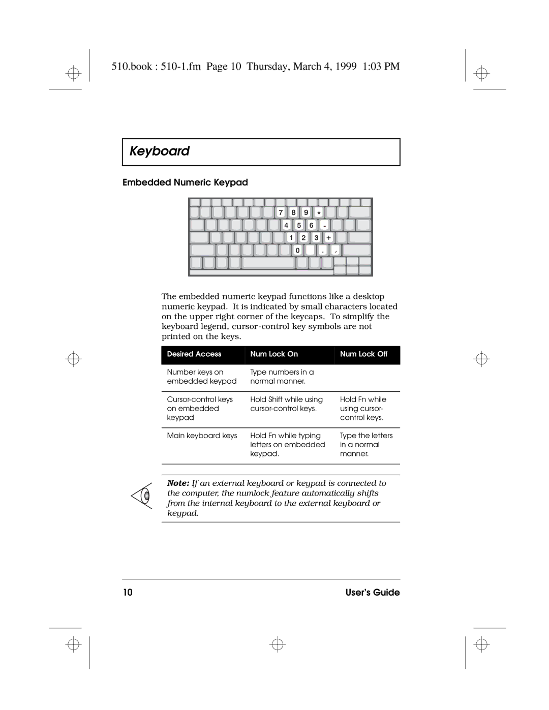 Acer 510 Series manual Book 510-1.fm Page 10 Thursday, March 4, 1999 103 PM, Embedded Numeric Keypad 