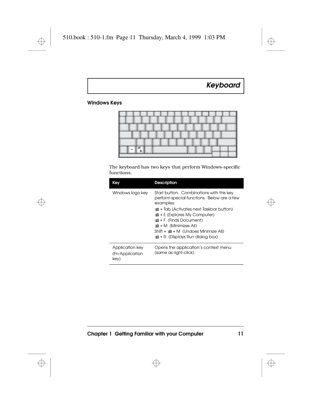 Acer 510 Series manual Book 510-1.fm Page 11 Thursday, March 4, 1999 103 PM, Windows Keys 