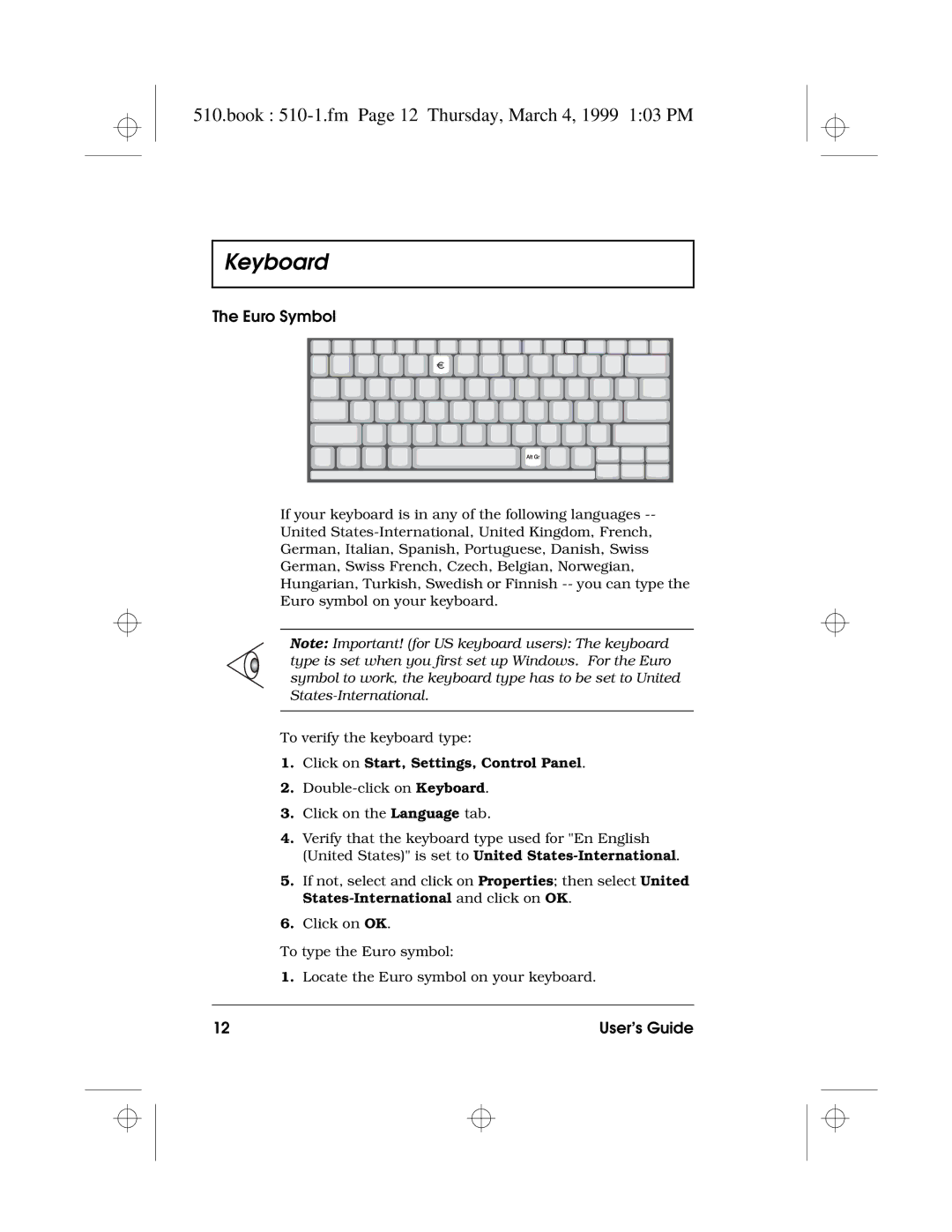 Acer 510 Series manual Book 510-1.fm Page 12 Thursday, March 4, 1999 103 PM, Euro Symbol 