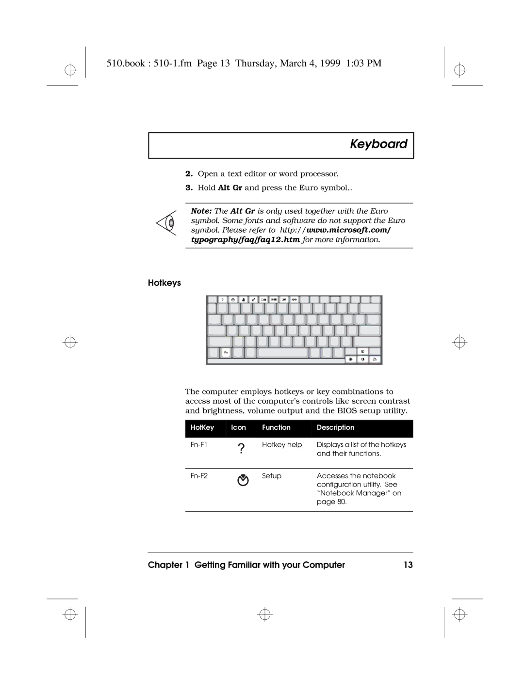 Acer 510 Series manual Book 510-1.fm Page 13 Thursday, March 4, 1999 103 PM, Hotkeys 